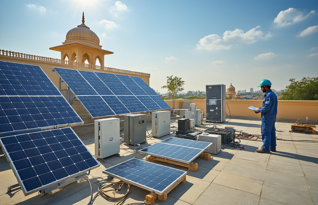 Create a realistic image of various solar panels and equipment laid out for comparison on a rooftop or outdoor display area in India, showing different types of solar panels (monocrystalline, polycrystalline), inverters, batteries, and mounting systems, with an Indian male technician in work clothes examining the equipment, set against a bright sunny day with clear blue skies and Indian architectural elements visible in the background, warm natural lighting emphasizing the solar equipment's details and textures, absolutely NO text should be in the scene.