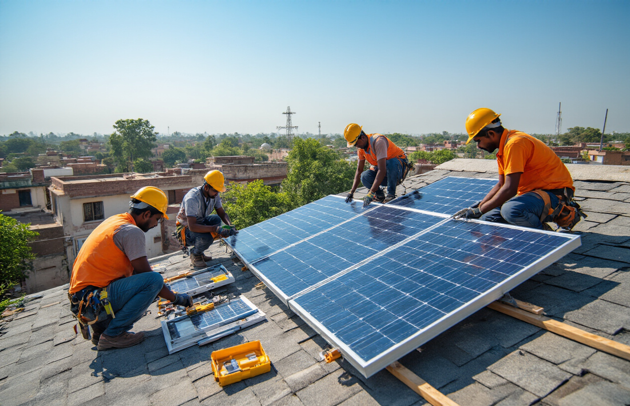 Create a realistic image of skilled Indian male technicians installing solar panels on a residential rooftop in India, with workers carefully positioning photovoltaic panels at optimal angles, safety equipment visible, measuring tools and installation hardware scattered around, bright sunny day with clear blue sky providing ideal lighting conditions for solar installation, traditional Indian houses visible in the background, the scene showing precision and professionalism in the installation process with workers focused on achieving maximum panel efficiency through proper positioning and secure mounting. Absolutely NO text should be in the scene.