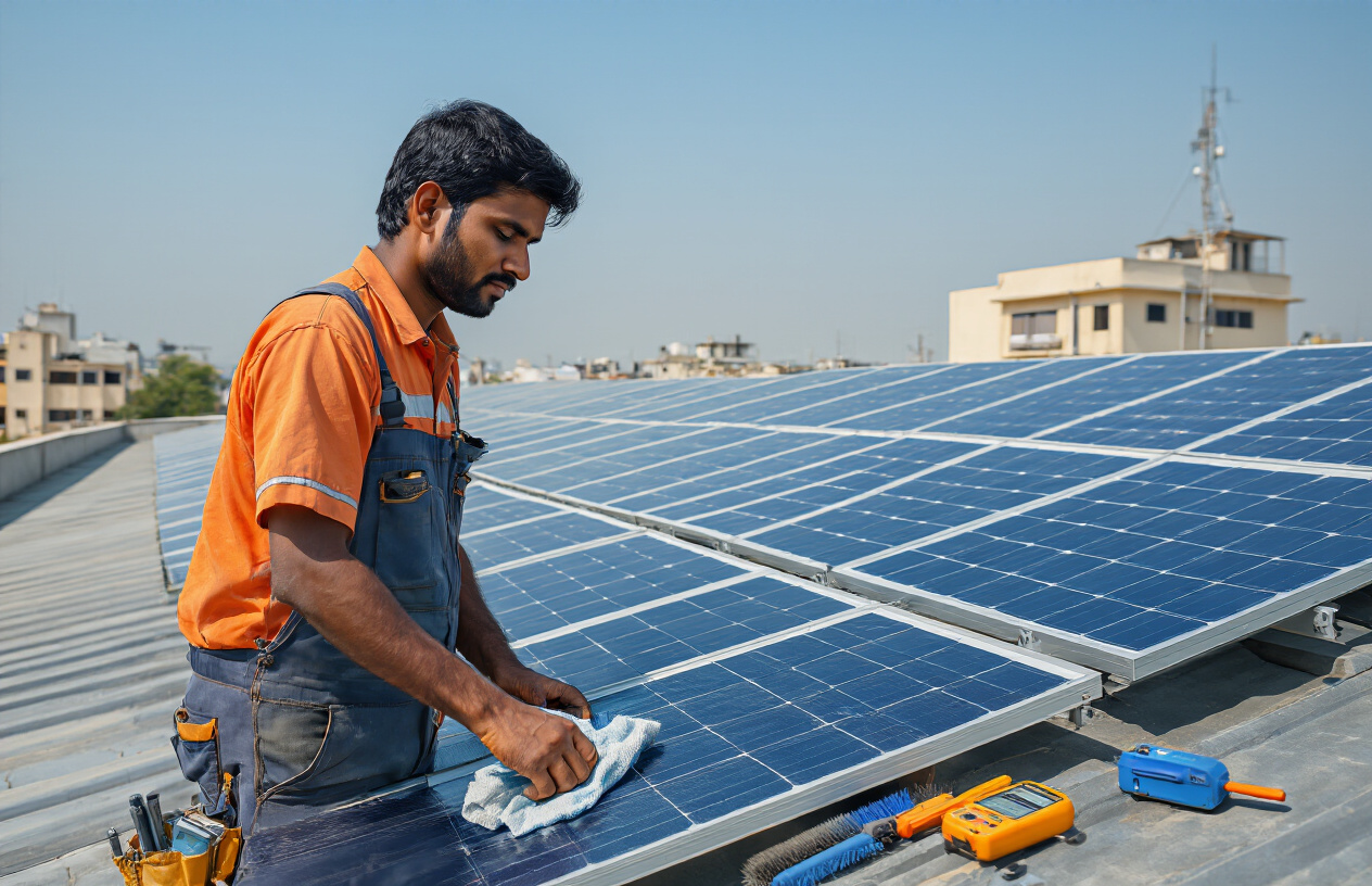 Create a realistic image of an Indian male technician in work clothes performing maintenance on solar panels on a rooftop, cleaning panels with a cloth and checking connections with tools, with rows of blue solar panels stretching across the frame under bright sunlight against a clear blue sky, showing proper equipment like cleaning brushes and multimeter nearby, capturing a professional maintenance scene in an Indian urban setting with buildings visible in the background, absolutely NO text should be in the scene.