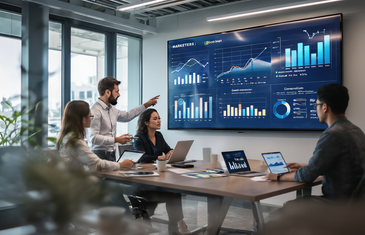 Create a realistic image of a modern office setting with a diverse group of marketers working collaboratively around a sleek conference table, featuring a white male marketing manager pointing at analytics dashboards on a large wall-mounted screen, a black female marketer taking notes on a tablet, and an Asian male colleague reviewing campaign performance metrics on a laptop, with digital marketing elements like upward trending graphs, conversion funnels, and ROI charts visible on their devices and the presentation screen, set in a contemporary workspace with glass walls, natural lighting from large windows, and a professional yet innovative atmosphere that conveys success and efficiency in digital marketing operations, absolutely NO text should be in the scene.