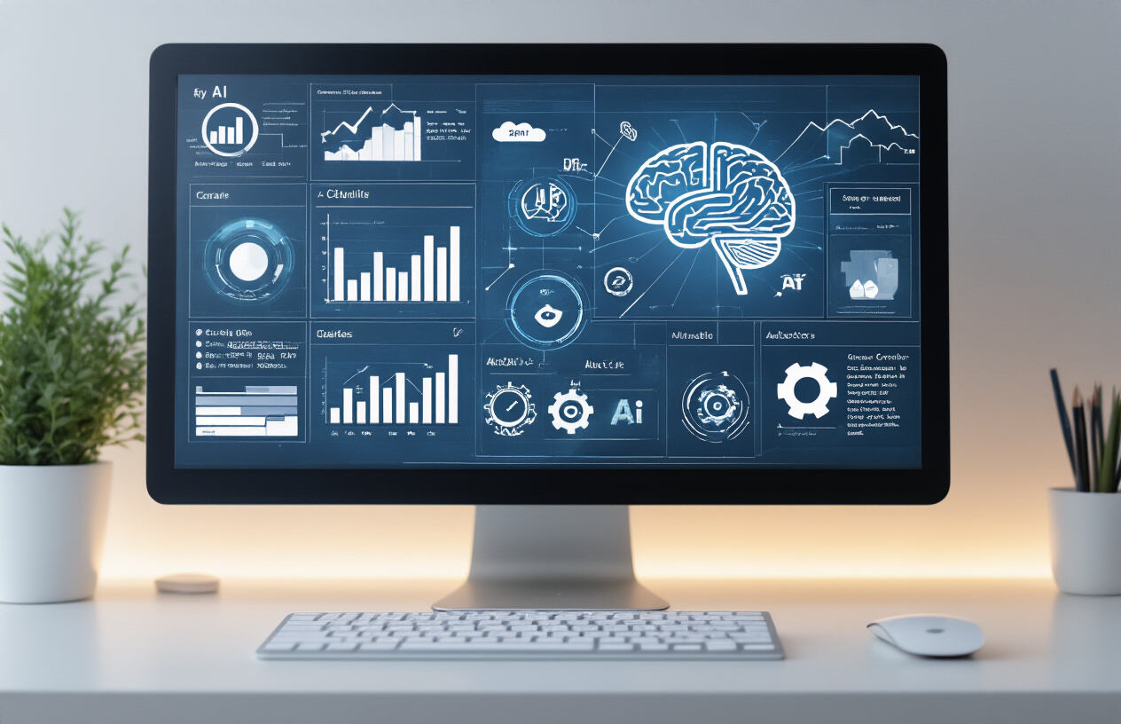 Create a realistic image of a modern computer screen displaying a sleek AI software dashboard with distinctive icons representing key features like analytics charts, automation symbols, and AI brain graphics, surrounded by a clean minimalist workspace with a keyboard and mouse on a white desk, soft ambient lighting from the side, professional tech environment atmosphere, absolutely NO text should be in the scene.