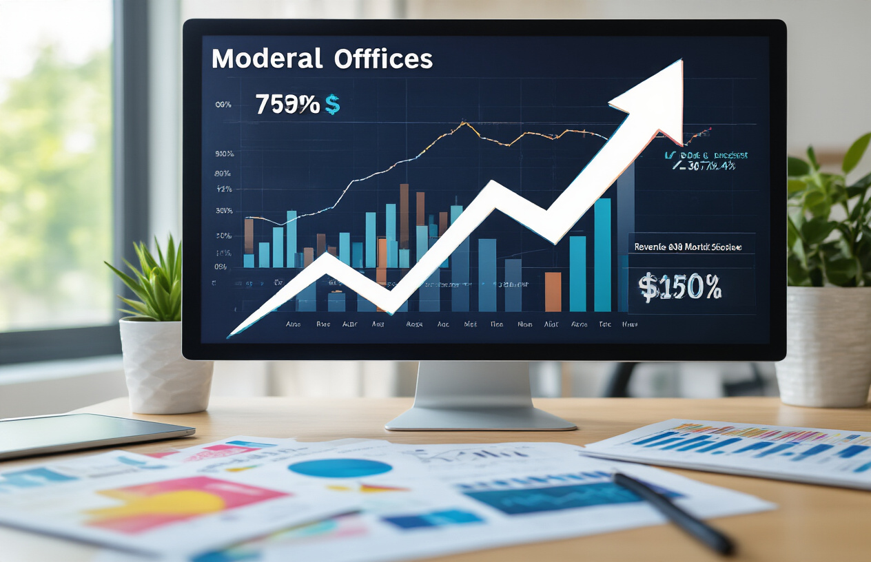 Create a realistic image of a modern office setting with an upward trending arrow graphic overlaid on financial charts and advertising performance metrics displayed on a computer screen, showing increasing ROI percentages and revenue growth, with scattered marketing materials including colorful ad mockups and analytics reports on a clean desk, bright natural lighting from a window, professional atmosphere conveying business success and digital transformation, absolutely NO text should be in the scene.