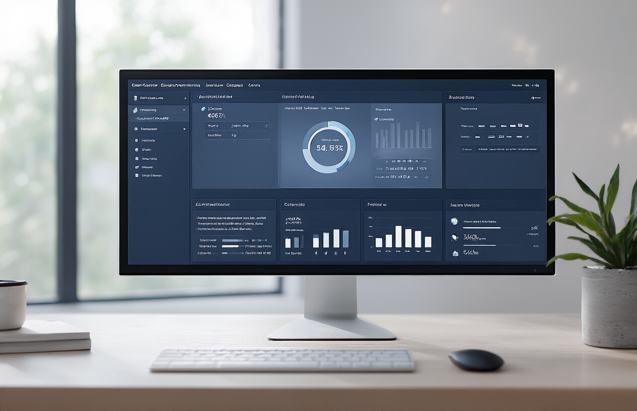 Create a realistic image of a modern computer monitor displaying a sleek software interface with clean design elements, user-friendly navigation menus, and dashboard layouts, positioned on a contemporary desk in a well-lit office environment with soft natural lighting from a window, featuring a minimalist workspace setup with a wireless mouse and keyboard nearby, emphasizing the professional quality and usability of digital software design. Absolutely NO text should be in the scene.