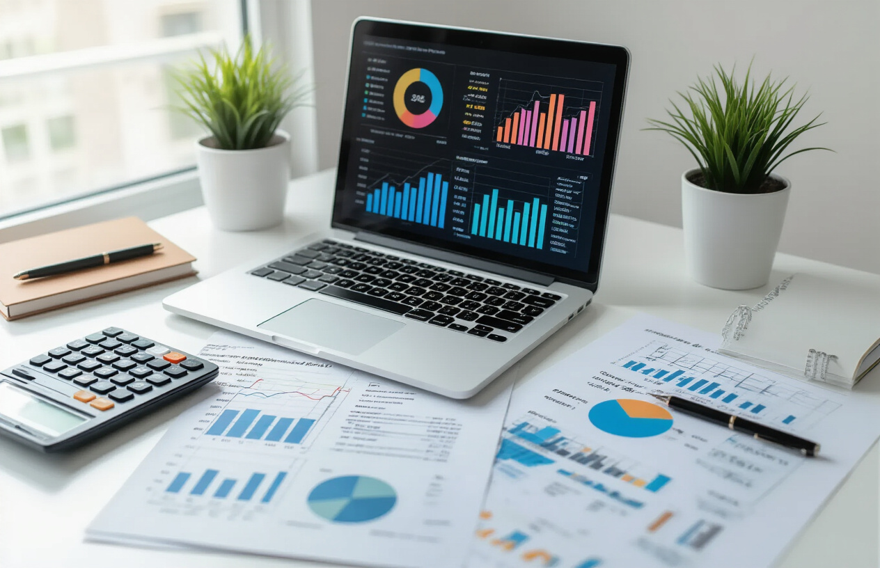Create a realistic image of a modern office desk setup with a laptop displaying colorful pricing charts and graphs, scattered financial documents showing different pricing tiers, a calculator, and professional notebooks, set against a clean white background with soft natural lighting from a nearby window, conveying a professional business analysis atmosphere, absolutely NO text should be in the scene.