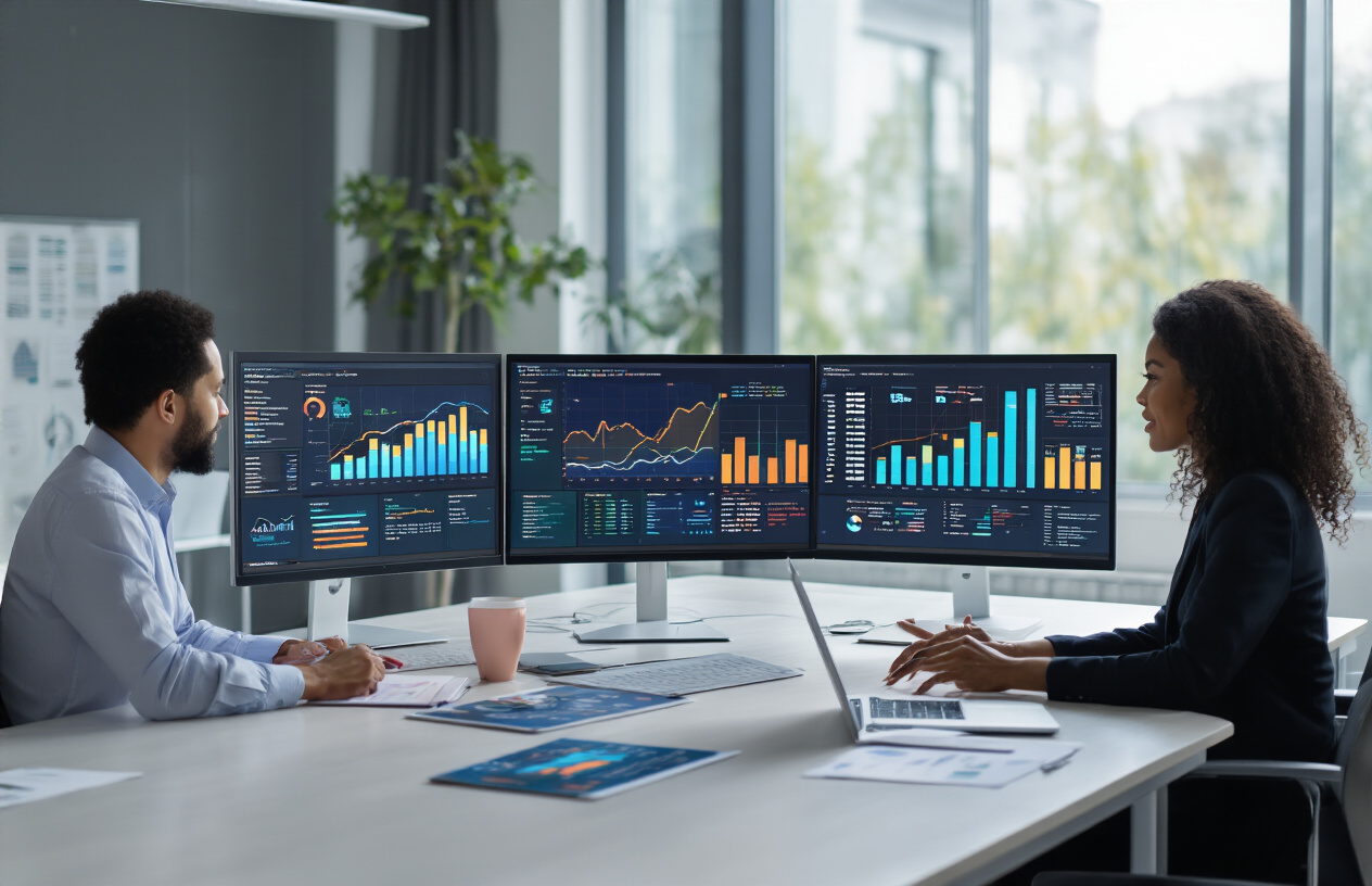 Create a realistic image of a professional business meeting scene with diverse people including a white male and black female sitting at a modern conference table, looking at multiple computer screens displaying colorful analytics dashboards with upward trending graphs and charts, surrounded by a bright modern office environment with large windows showing natural daylight, conveying success and achievement through their engaged expressions and positive body language, with sleek laptops and data visualization reports spread across the table, absolutely NO text should be in the scene.