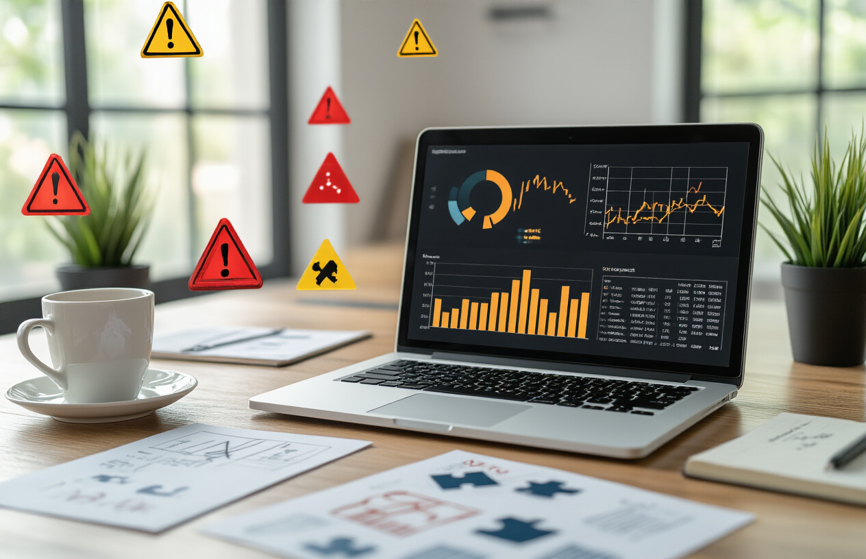 Create a realistic image of a professional business setting with warning signs and caution symbols, featuring a sleek laptop displaying analytical charts with declining performance metrics, surrounded by scattered documents showing gaps and missing puzzle pieces, red warning triangles and yellow caution icons floating subtly in the background, office environment with soft natural lighting from a window, modern desk setup with a coffee cup and notepad showing crossed-out items, mood conveying careful evaluation and constructive criticism, absolutely NO text should be in the scene.