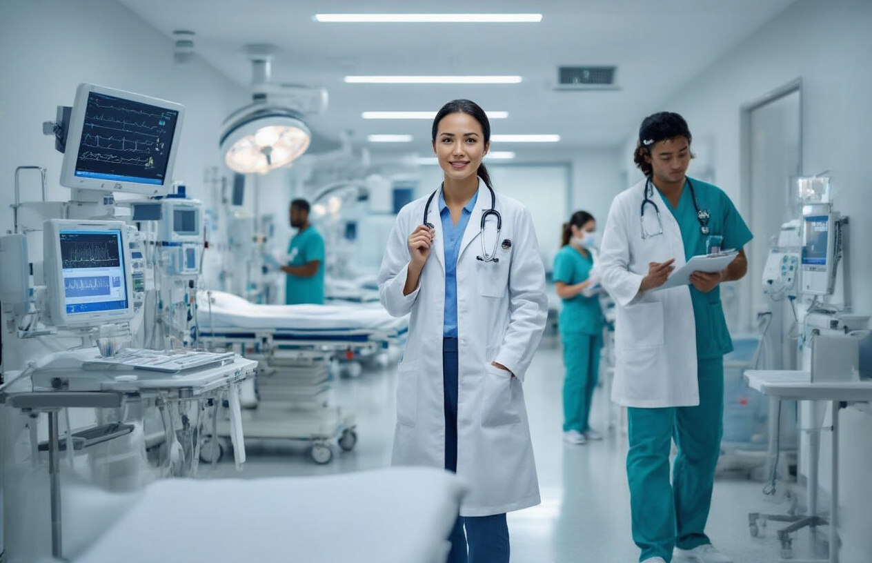 Create a realistic image of a modern medical facility interior showcasing multiple healthcare specialties with a diverse group of medical professionals including a white female doctor in a white coat holding a stethoscope, a black male nurse checking medical equipment, and an Asian female specialist reviewing patient charts, surrounded by essential medical equipment like monitors, diagnostic machines, examination tables, and medical instruments, set in a clean, well-lit hospital environment with professional lighting and a calm, trustworthy atmosphere that conveys comprehensive healthcare services, absolutely NO text should be in the scene.