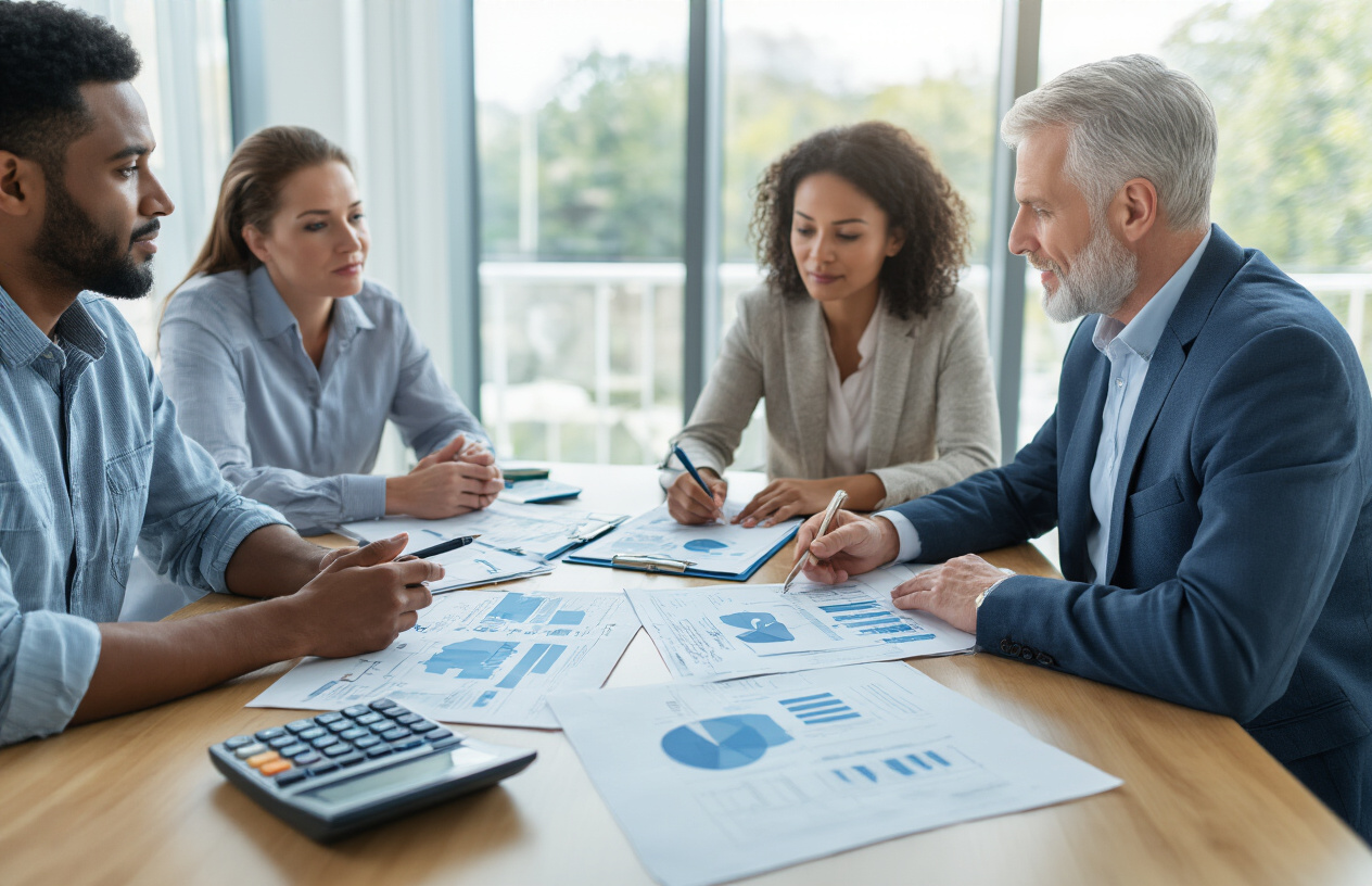 Create a realistic image of a diverse group of people sitting around a modern conference table with financial documents, medical bills, and a calculator spread across the surface, with a white male financial advisor pointing to charts showing healthcare cost breakdowns while a black female client takes notes, set in a bright, professional office environment with natural lighting from large windows, conveying a collaborative and solution-focused atmosphere for healthcare financial planning, absolutely NO text should be in the scene.