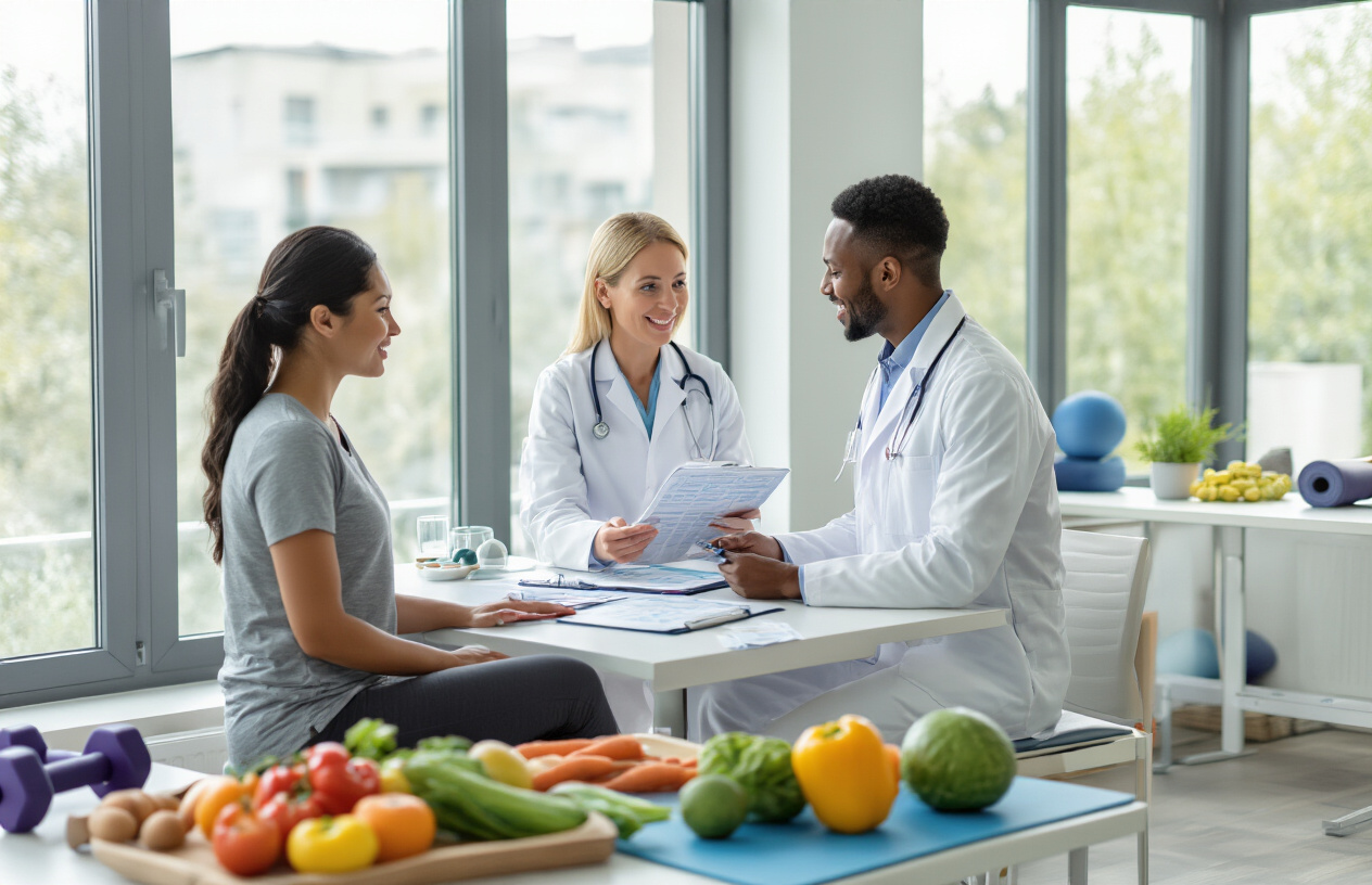 Create a realistic image of a bright, modern wellness scene showing a diverse group including a white female doctor in a lab coat discussing health charts with a black male patient and an Asian female patient in a clean medical consultation room, with fresh fruits, vegetables, exercise equipment like dumbbells and a yoga mat visible on a nearby table, natural lighting streaming through large windows, conveying a positive and proactive healthcare atmosphere focused on prevention and healthy lifestyle choices, absolutely NO text should be in the scene.