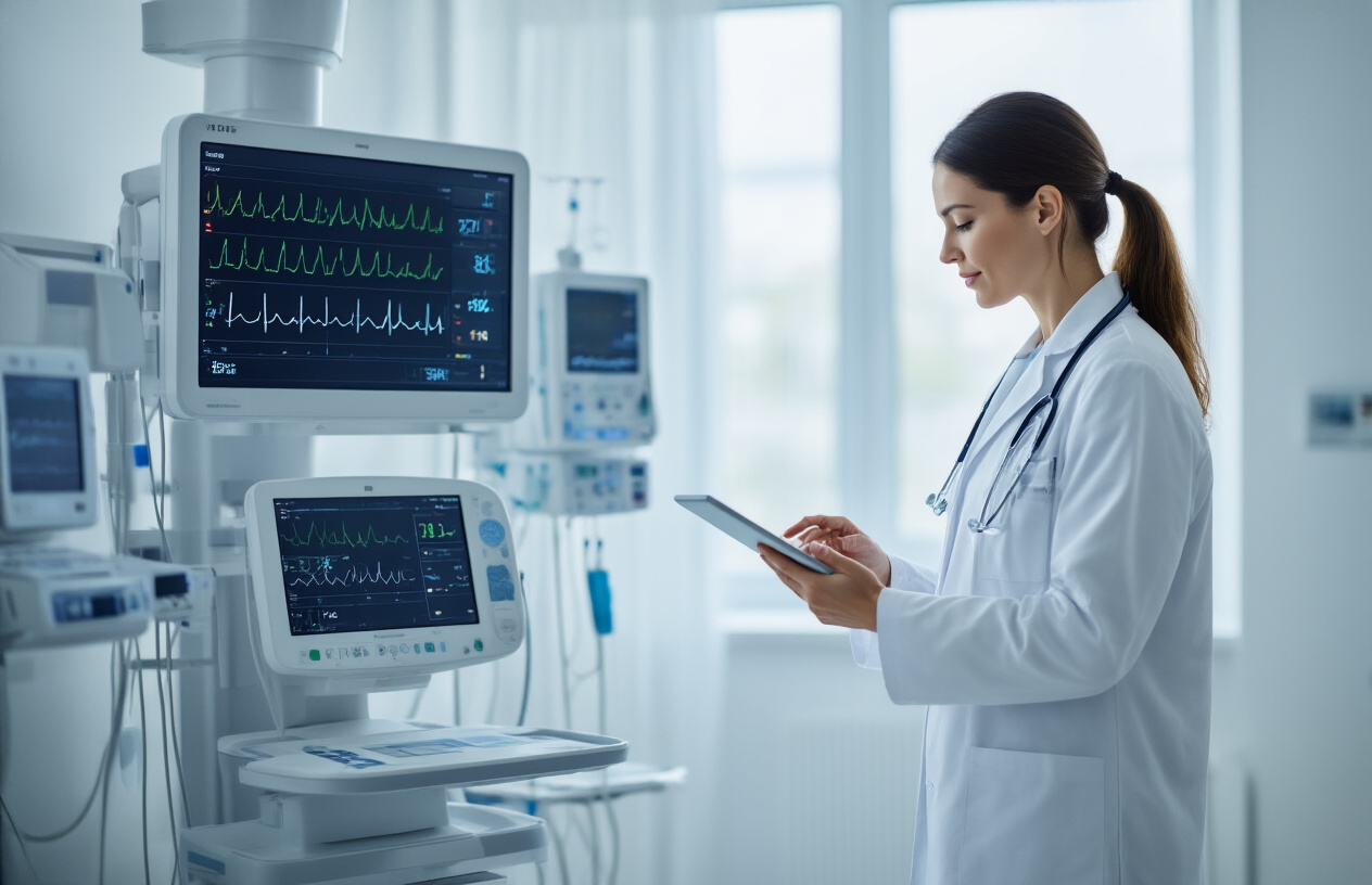 Create a realistic image of a modern healthcare professional, a white female doctor in her 30s, using a tablet device while standing next to advanced medical monitoring equipment with digital displays showing vital signs and health data, in a clean, well-lit hospital room with white walls and medical devices connected wirelessly, conveying innovation and technological advancement in healthcare, with soft natural lighting from a window creating a professional and trustworthy atmosphere, absolutely NO text should be in the scene.