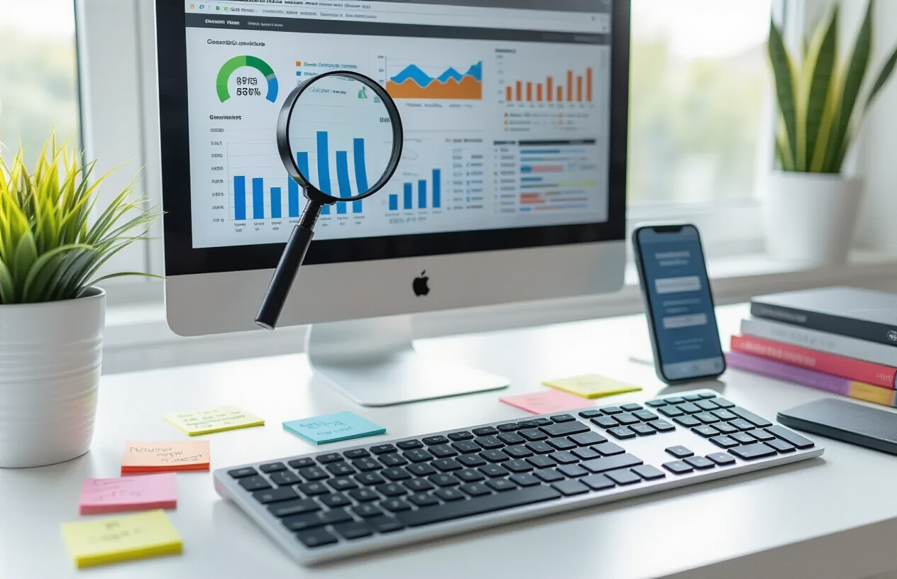 Is Keywords and SEO the Same Thing – Complete Guide for Beginners 3 Create a realistic image of a modern workspace featuring a computer monitor displaying a website analytics dashboard with colorful graphs and charts, a keyboard with highlighted keys representing search terms, magnifying glass focusing on keyword phrases, scattered sticky notes with marketing terms, a smartphone showing search results, and digital marketing books on a clean white desk, bright natural lighting from a window, professional office atmosphere, absolutely NO text should be in the scene.
