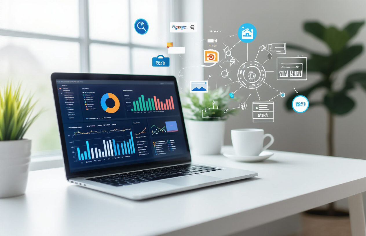 Is Keywords and SEO the Same Thing – Complete Guide for Beginners 4 Create a realistic image of a sleek modern workspace with a laptop computer displaying colorful SEO analytics charts and graphs on the screen, surrounded by floating digital elements including search engine icons, keyword tags, ranking arrows, and interconnected web symbols, with a clean white desk surface, soft natural lighting from a window, and a minimalist office background with plants, conveying a professional and educational atmosphere about digital marketing concepts, absolutely NO text should be in the scene.