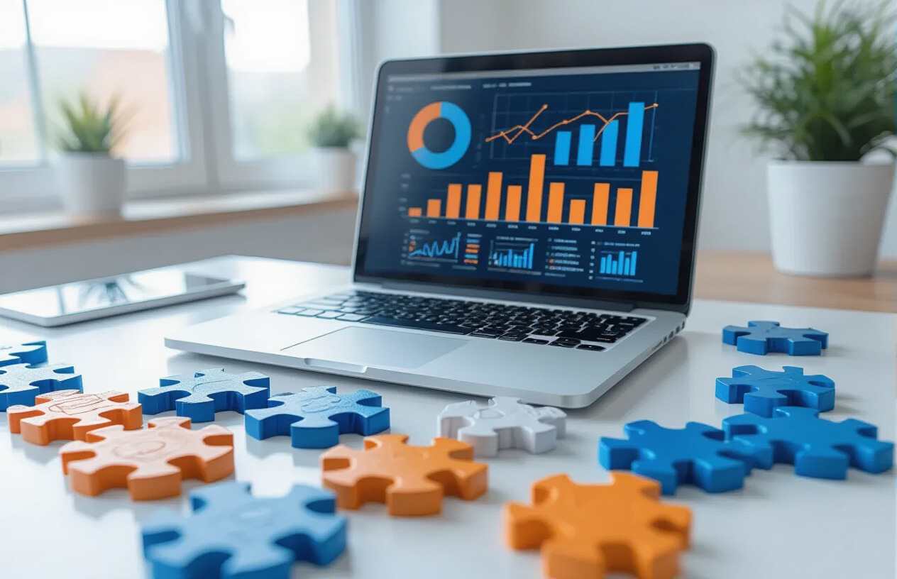 Is Keywords and SEO the Same Thing – Complete Guide for Beginners 5 Create a realistic image of interlocking puzzle pieces or interconnected gears in blue and orange colors representing the connection between keywords and SEO, with a laptop computer showing analytics graphs and charts in the background, set on a modern white desk with natural lighting from a window, creating a professional and educational atmosphere that illustrates the relationship and dependency between these digital marketing concepts, absolutely NO text should be in the scene.