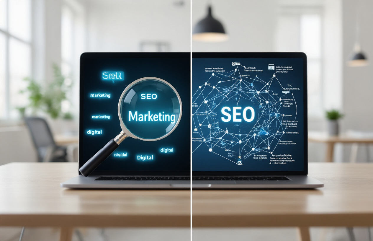 Is Keywords and SEO the Same Thing – Complete Guide for Beginners 6 Create a realistic image of a split-screen composition showing two distinct digital marketing concepts, with the left side displaying a magnifying glass hovering over individual keyword terms floating in space like "SEO," "marketing," "digital," represented as glowing text elements, and the right side showing a complex web diagram with interconnected nodes representing the broader SEO ecosystem including website analytics charts, search engine results pages, link building connections, and technical optimization elements, set against a clean modern office background with soft natural lighting, professional atmosphere, absolutely NO text should be in the scene.