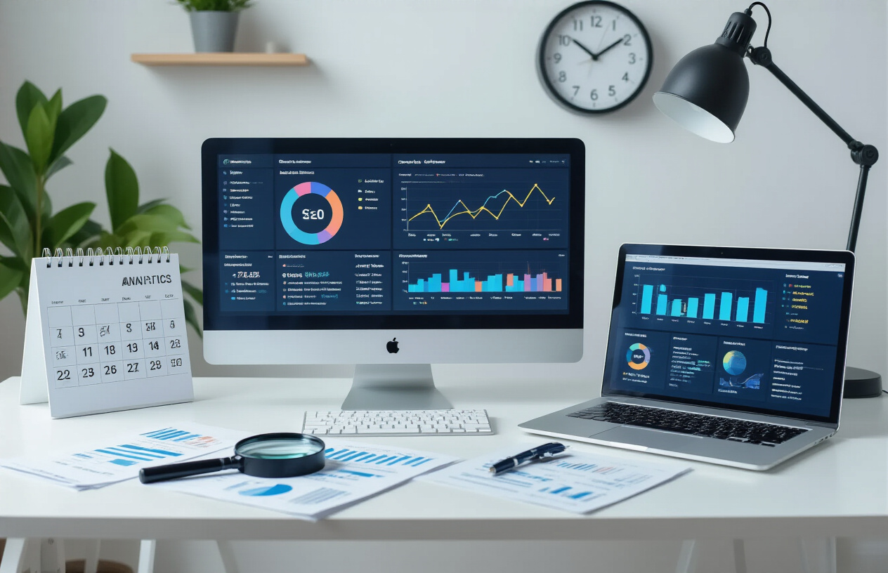 How Many Times Should You Audit Your Site for SEO – Complete Guide 3 Create a realistic image of a modern office desk setup with a computer monitor displaying colorful SEO analytics charts and graphs, a calendar showing different months to represent frequency timing, a magnifying glass placed next to a laptop, scattered documents with website analytics data, a clock on the wall showing different time zones, professional lighting from a desk lamp, clean white background with subtle blue accents, organized workspace atmosphere suggesting systematic analysis and planning, absolutely NO text should be in the scene.