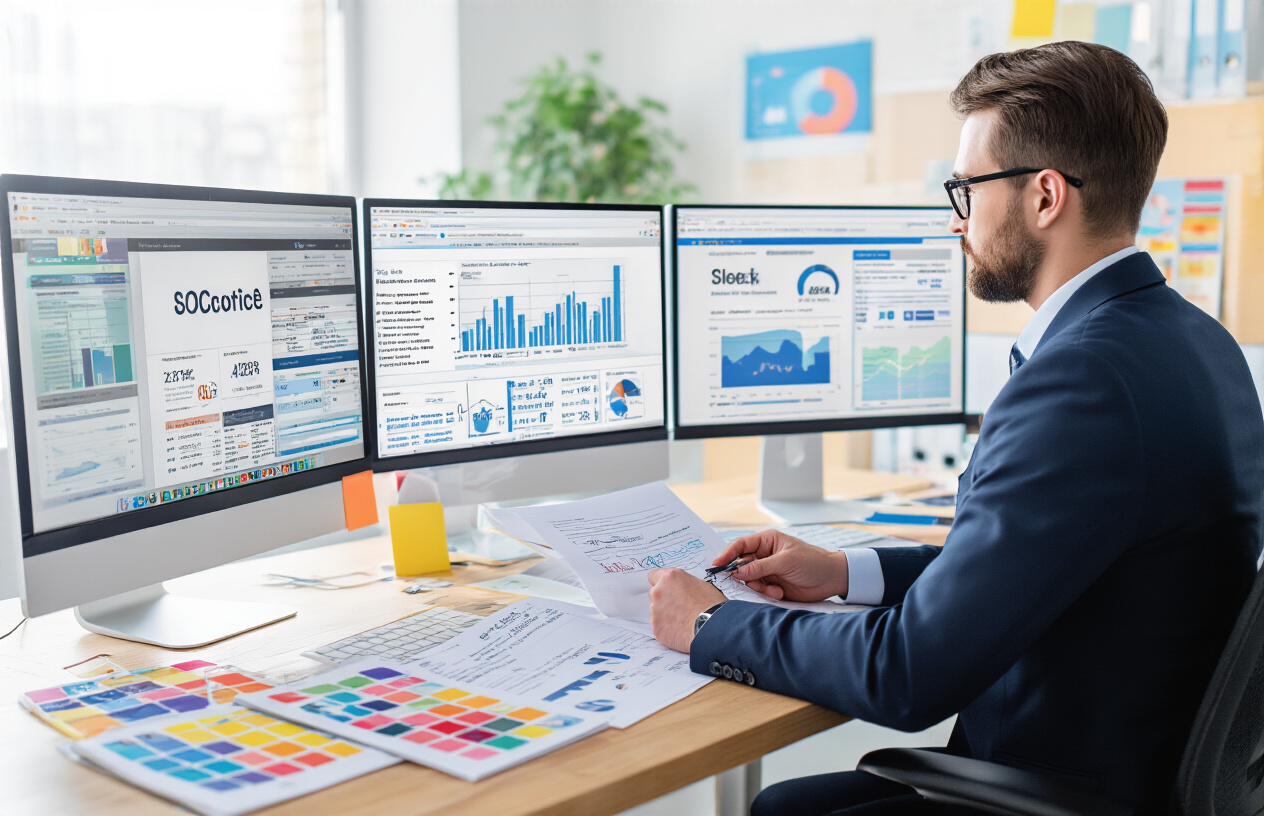 How Many Times Should You Audit Your Site for SEO – Complete Guide 4 Create a realistic image of a modern office desk with multiple computer monitors displaying different types of websites including an e-commerce site, a blog, and a corporate website, with colorful calendar pages scattered around showing different audit schedules, a white male professional in business attire reviewing documents with SEO audit checklists, surrounded by charts and graphs showing website performance metrics, in a bright contemporary office setting with natural lighting from a window, conveying a professional and organized workflow atmosphere, absolutely NO text should be in the scene.