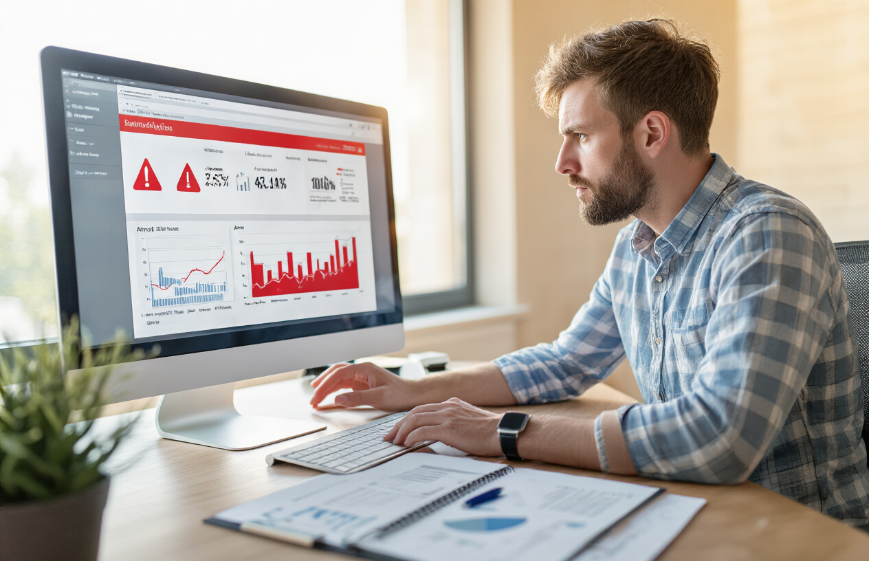 How Many Times Should You Audit Your Site for SEO – Complete Guide 5 Create a realistic image of a computer monitor displaying a website analytics dashboard with red warning indicators, alert symbols, and declining graph charts, placed on a modern office desk with a concerned white male digital marketer in his 30s looking at the screen, surrounded by SEO audit documents and notebooks, in a well-lit contemporary office environment with warm natural lighting from a window, conveying urgency and the need for immediate action, absolutely NO text should be in the scene.