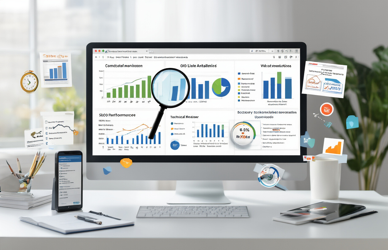 How Many Times Should You Audit Your Site for SEO – Complete Guide 6 Create a realistic image of a modern office workspace with a large computer monitor displaying a website analytics dashboard with colorful charts and graphs, surrounded by essential SEO audit tools including a magnifying glass hovering over website elements, a checklist notepad with checkmarks, technical performance meters and gauges, a smartphone showing mobile website optimization, and various digital marketing icons floating around the screen representing core SEO elements like site speed, keywords, and user experience, all arranged on a clean white desk with soft natural lighting from a window, professional business atmosphere, absolutely NO text should be in the scene.
