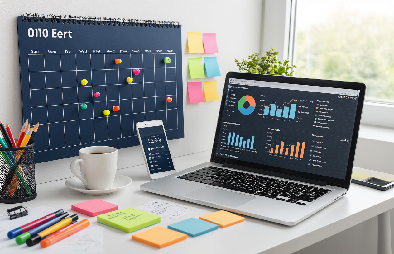 How Many Times Should You Audit Your Site for SEO – Complete Guide 7 Create a realistic image of a modern desk workspace featuring a large wall calendar with various colored markers and pins indicating different SEO audit schedules, a laptop computer displaying analytics graphs and charts, a smartphone showing calendar notifications, sticky notes in different colors arranged around the calendar, a coffee cup, and organized office supplies including pens and highlighters, set against a clean white office background with natural lighting from a window, absolutely NO text should be in the scene.