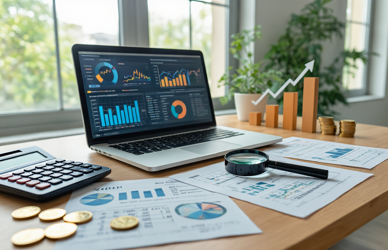 How Many Times Should You Audit Your Site for SEO – Complete Guide 8 Create a realistic image of a modern office desk with a laptop displaying colorful analytics charts and graphs, a calculator showing profit numbers, scattered financial reports with upward trending arrows, a magnifying glass examining SEO performance metrics, coins and dollar bills representing investment returns, and a growth chart with ascending bars in the background, all set in a bright, professional workspace with natural lighting streaming through a window, absolutely NO text should be in the scene.