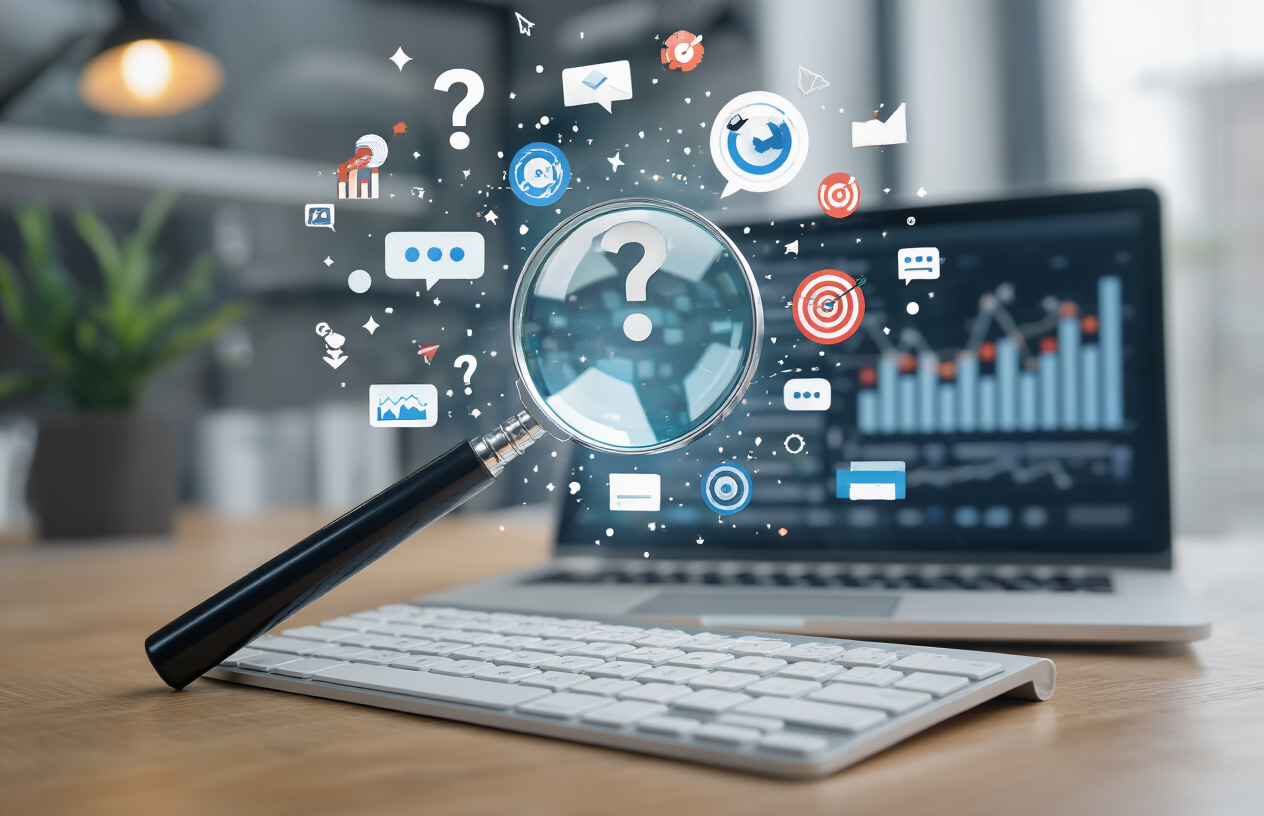 Cutting-Edge Long-Tail SEO Methods – Boost Your Rankings Fast 3 Create a realistic image of a magnifying glass hovering over a computer keyboard with search-related icons and symbols floating around it, including question marks, target symbols, and small keyword bubbles, set against a clean modern office desk with a laptop screen showing analytics graphs in the background, professional lighting with a focused spotlight effect on the magnifying glass, creating a mood of discovery and precision in digital marketing research, absolutely NO text should be in the scene.