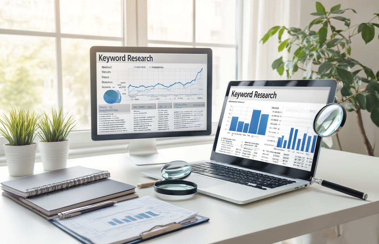 Cutting-Edge Long-Tail SEO Techniques to Boost Your Website Rankings 3 Create a realistic image of a modern digital workspace showing a computer screen displaying keyword research analytics with long search phrases and data charts, surrounded by SEO tools and notebooks, set on a clean desk with soft natural lighting from a window, professional atmosphere with magnifying glass focusing on detailed keyword metrics, Absolutely NO text should be in the scene.