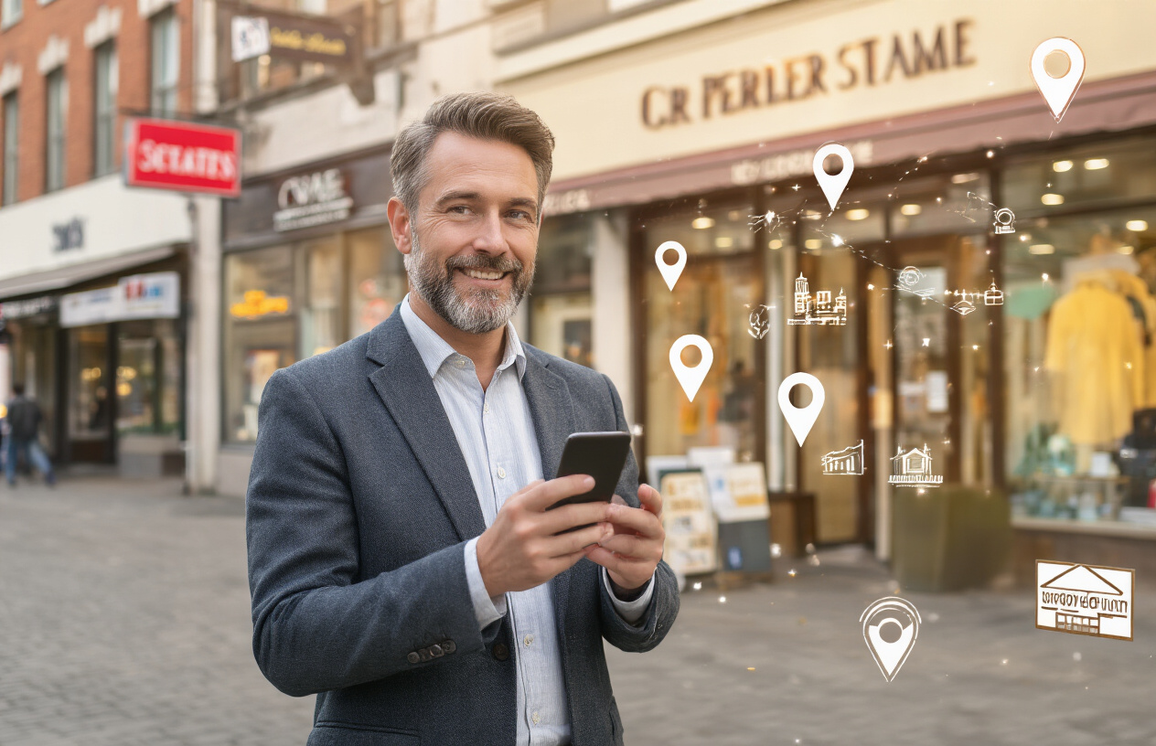 Cutting-Edge Off-Page SEO Formulas to Skyrocket Your Website Rankings 5 Create a realistic image of a professional white male business owner standing outside his local storefront with a smartphone in hand, surrounded by visible location markers like GPS pins floating in the air, local business signage, and a city street backdrop showing other neighboring businesses, with warm daylight lighting creating an inviting community atmosphere that represents local market dominance and geographic SEO targeting, absolutely NO text should be in the scene.