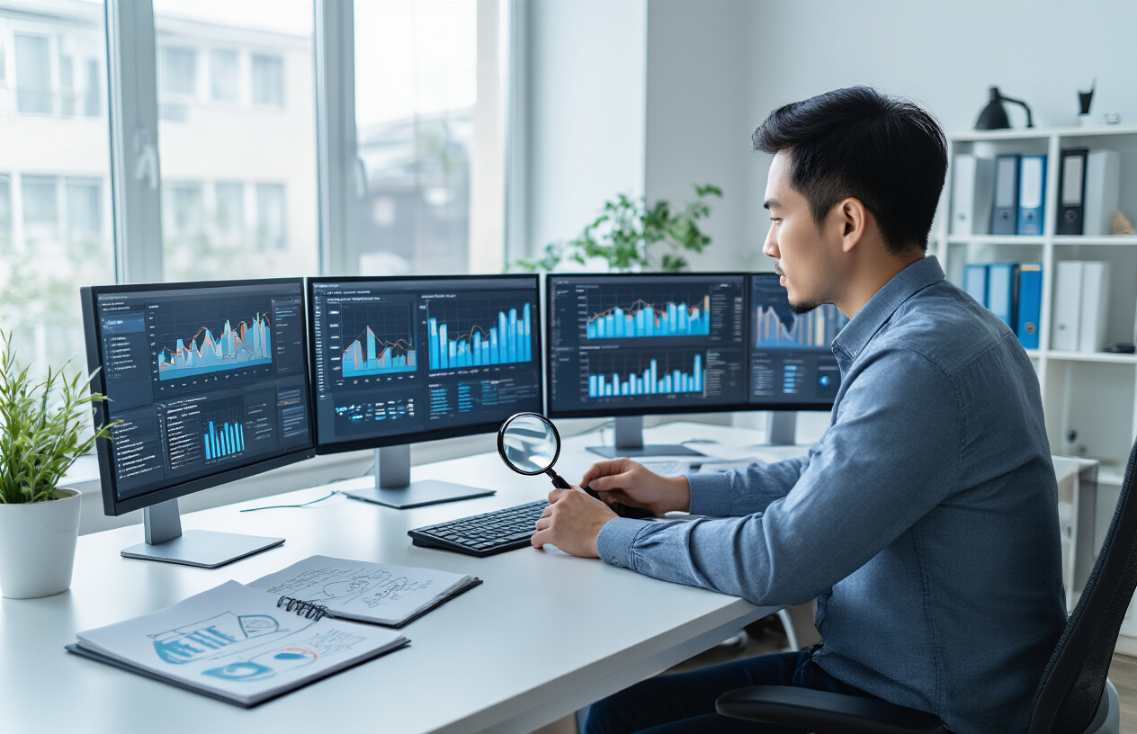 Cutting-Edge Off-Page SEO Formulas to Skyrocket Your Website Rankings 8 Create a realistic image of a modern office workspace with multiple computer monitors displaying website analytics dashboards, competitor website screenshots, and SEO data charts, featuring a focused Asian male professional in business casual attire analyzing the data with a magnifying glass hovering over one screen, surrounded by notebooks with sketched diagrams and flowcharts, clean white desk surface, soft natural lighting from a window, professional atmosphere with blue and white color scheme, absolutely NO text should be in the scene.