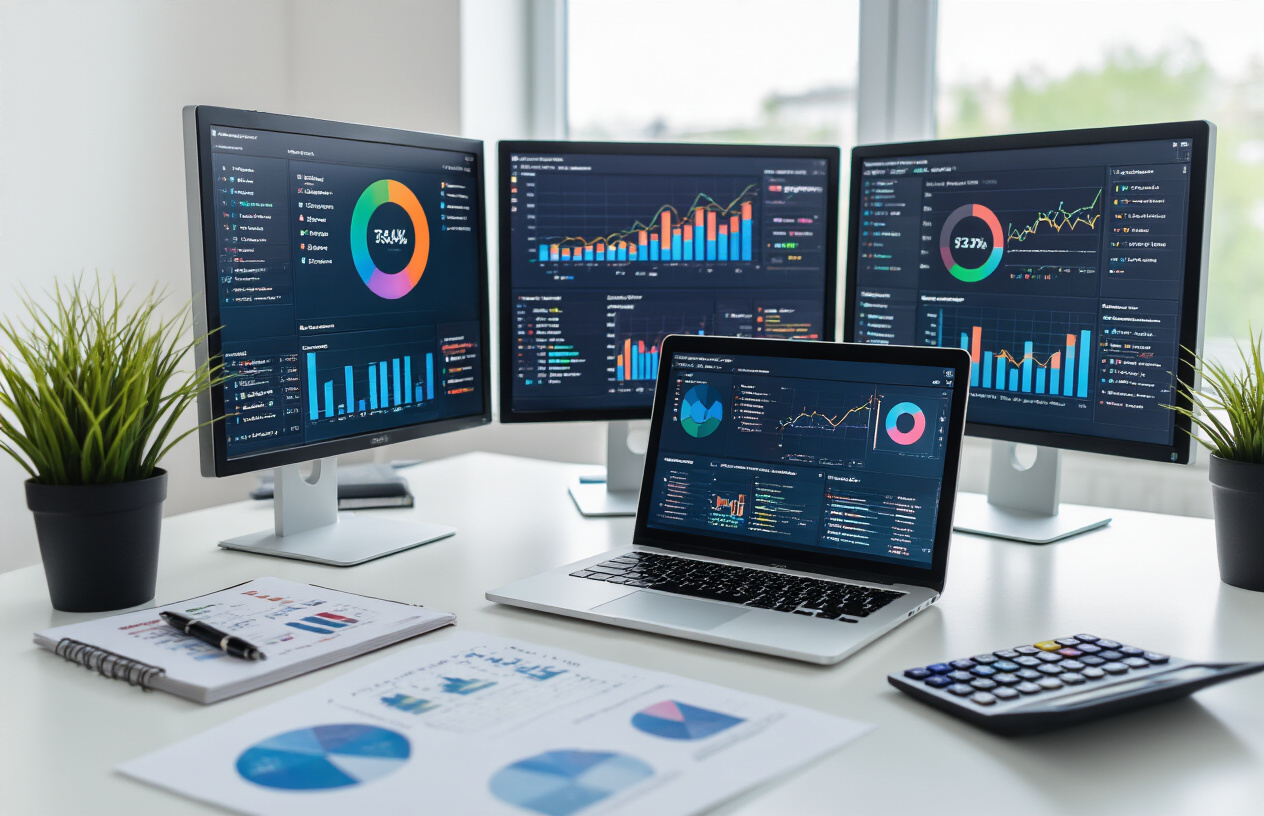 Cutting-Edge Off-Page SEO Insights to Boost Your Website Authority 7 Create a realistic image of a modern office workspace featuring multiple computer monitors displaying colorful analytics dashboards with graphs, charts, and metrics related to website performance and SEO tracking, including a laptop showing search engine rankings and backlink analysis tools, surrounded by marketing reports and documents on a clean desk, with a calculator and notebook nearby, in a bright professional setting with natural lighting from a window, absolutely NO text should be in the scene.