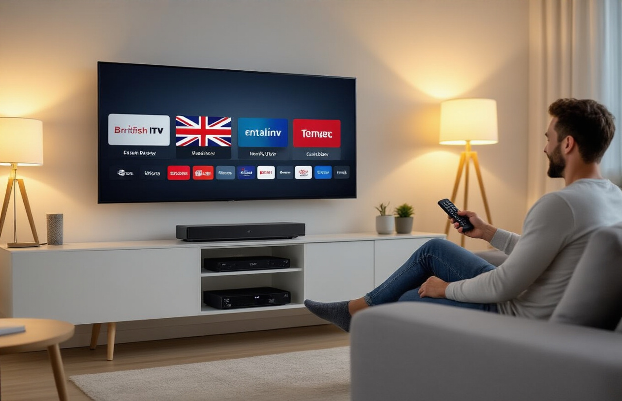 Create a realistic image of a modern living room setup showing British IPTV technology in action, featuring a large flat-screen TV mounted on a wall displaying a clear streaming interface with British channel logos, a sleek black set-top box on a white entertainment console below, ethernet cables and wireless router visible on the side, a white male in his 30s sitting on a gray sofa holding a remote control looking engaged, warm ambient lighting from table lamps creating a cozy atmosphere, clean contemporary interior with neutral colors, absolutely NO text should be in the scene.