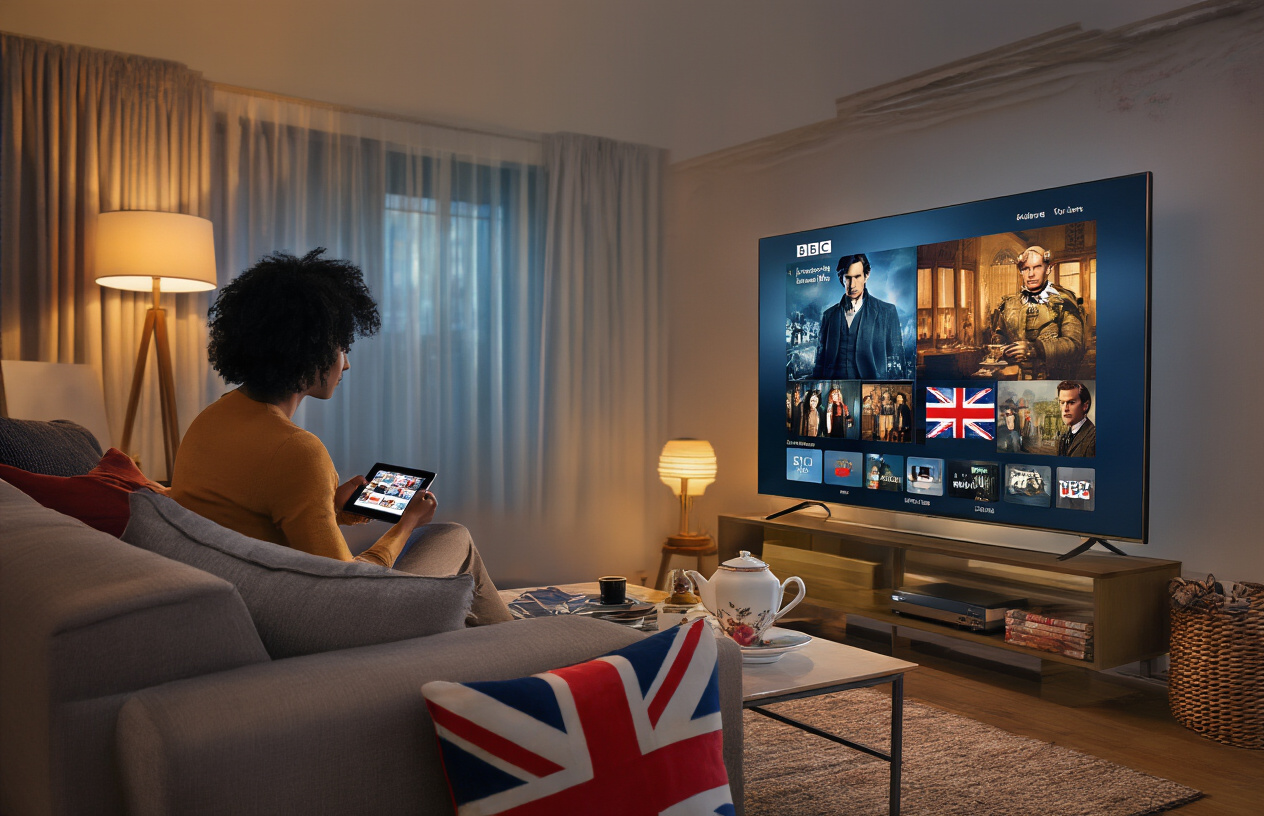 Create a realistic image of a modern living room with a large smart TV displaying the BBC iPlayer interface showing popular British shows like Doctor Who and Sherlock, a comfortable sofa with a person of mixed race holding a tablet showing streaming options, British cultural elements like a Union Jack cushion and tea set on a coffee table, warm ambient lighting creating a cozy atmosphere, high-quality streaming device visible near the TV, representing global access to premium British entertainment content, absolutely NO text should be in the scene.
