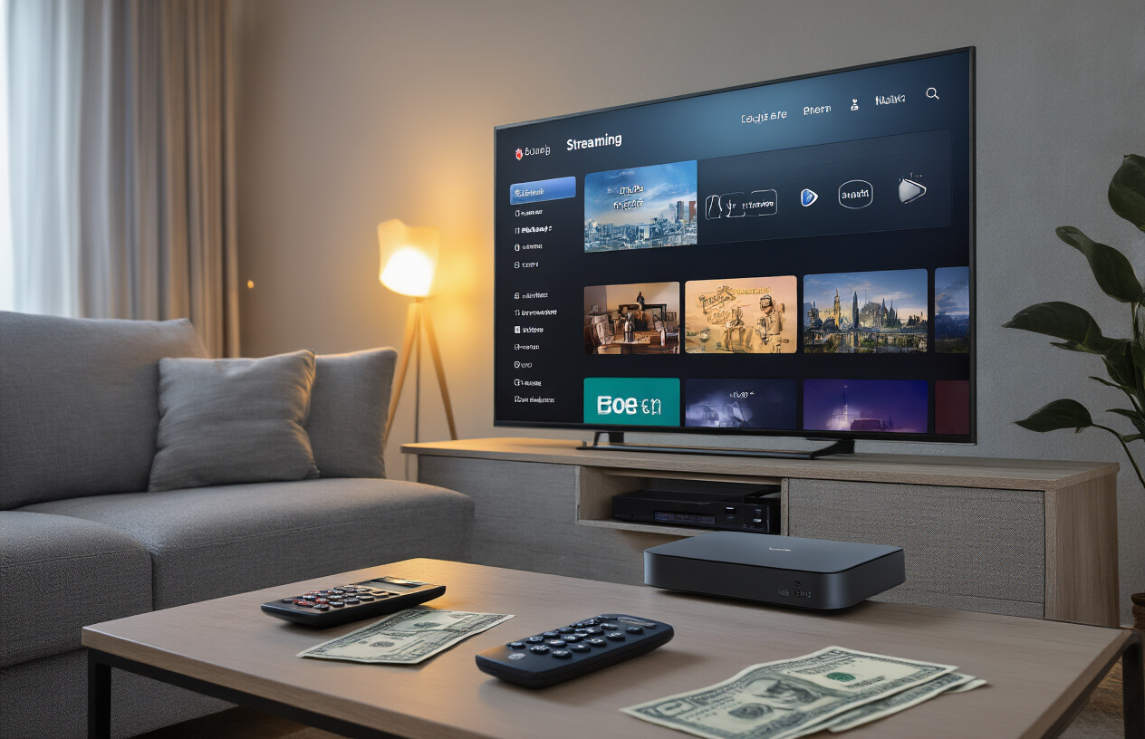 Create a realistic image of a modern living room with a large flat-screen TV displaying a streaming interface with various entertainment options, a sleek streaming device or set-top box beneath the TV, comfortable grey sofa with remote controls on a coffee table, warm ambient lighting, calculator and British pound notes scattered on the table suggesting budget-friendly entertainment choices, cozy home atmosphere with soft evening lighting. Absolutely NO text should be in the scene.