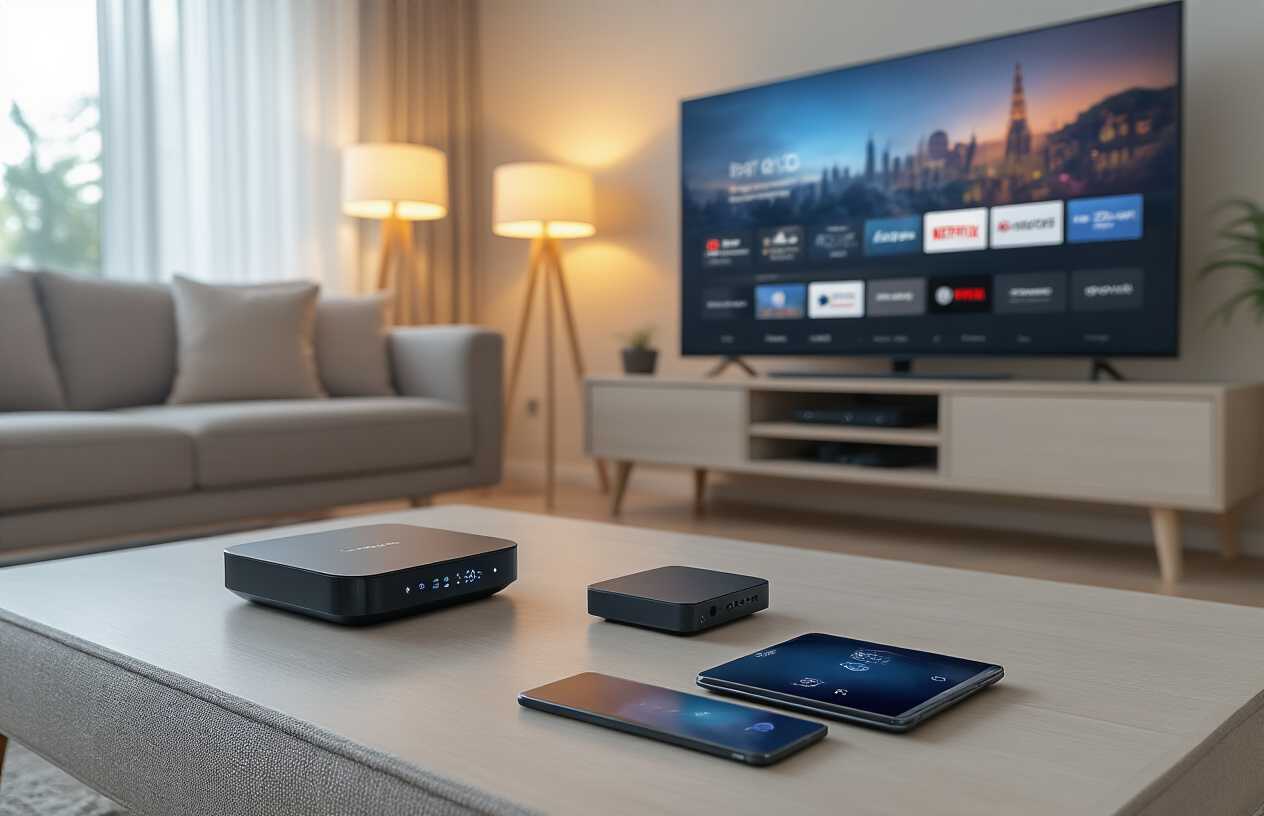 Create a realistic image of a modern living room setup showing multiple connected devices including a smart TV displaying a streaming interface, a sleek black set-top box, a wireless router with LED indicators, a tablet and smartphone lying on a coffee table, all connected with subtle wireless connection indicators or gentle glowing effects, warm ambient lighting from table lamps, comfortable seating in the background, clean minimalist decor with neutral colors, representing seamless technology integration and user-friendly setup, Absolutely NO text should be in the scene.