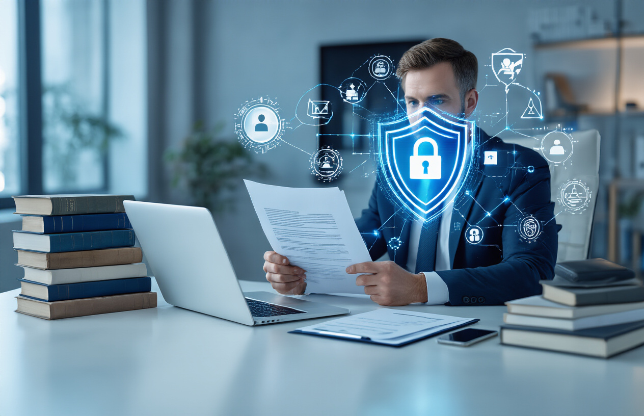 Create a realistic image of a white male professional sitting at a modern desk with a laptop computer, holding legal documents in one hand while pointing to a digital shield icon on the computer screen, surrounded by law books and cybersecurity symbols, with a clean office background featuring subtle blue lighting that conveys trust and security, absolutely NO text should be in the scene.