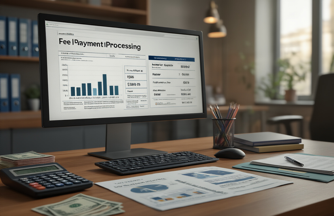 Create a realistic image of a modern university administrative office showing fee payment processing, featuring a clean desk with organized documents displaying fee categories and charts, a computer screen showing payment options, Pakistani rupee currency notes and coins neatly arranged, a calculator, official university folders, and payment method icons or cards visible on the desk, with warm office lighting and a professional academic atmosphere in the background, Absolutely NO text should be in the scene.