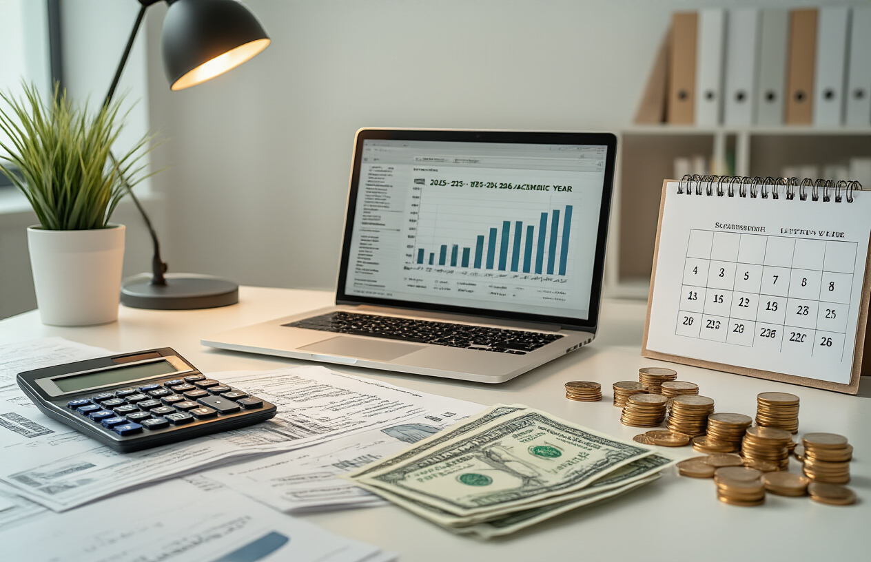 Create a realistic image of a modern university administrative office desk with organized financial documents, calculator, laptop showing spreadsheet data, Pakistani rupee currency notes and coins neatly arranged, official university letterhead papers, a calendar showing 2025-2026 academic year, filing folders labeled with semester information, a professional workspace with warm lighting from a desk lamp, clean white background with subtle shadows, absolutely NO text should be in the scene.