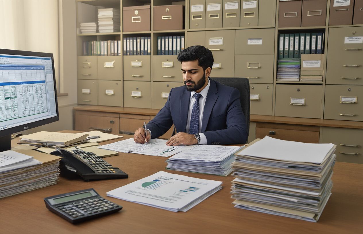 Create a realistic image of a modern university administrative office with multiple filing cabinets and organized document folders labeled with different academic departments, a Pakistani male administrator in business attire sitting at a desk reviewing fee charts and calculation sheets, a computer screen displaying spreadsheet data, stacks of departmental fee structure documents, a calculator, and official university letterheads scattered on the desk, with warm office lighting and professional academic atmosphere, Absolutely NO text should be in the scene.