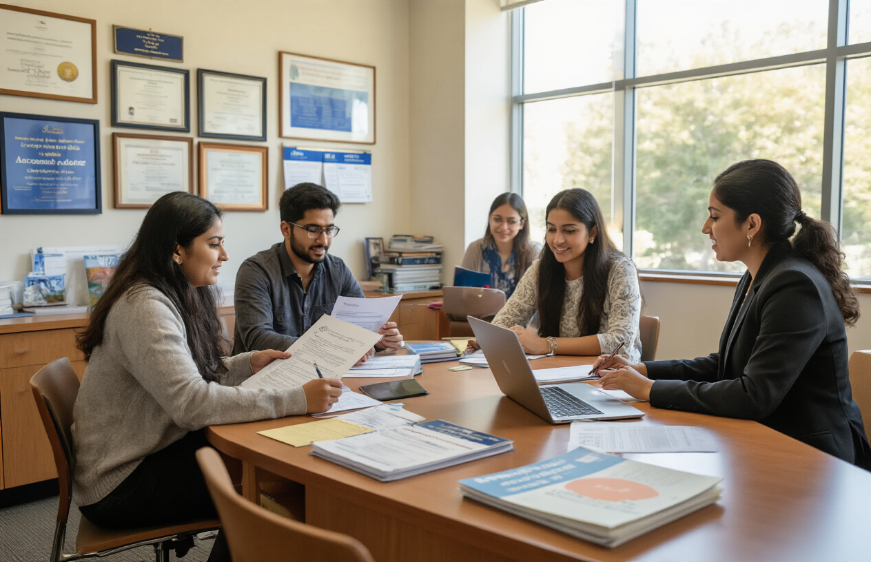 Create a realistic image of a diverse group of university students sitting at wooden desks in a bright, modern academic counseling office, with South Asian male and female students of various ethnicities reviewing scholarship documents and financial aid forms, a professional South Asian female counselor in business attire explaining opportunities across a desk, educational certificates and achievement awards displayed on the wall behind them, warm natural lighting streaming through large windows, creating an encouraging and hopeful atmosphere of academic support and opportunity, with laptops, papers, and informational brochures scattered on the desk surface, absolutely NO text should be in the scene.