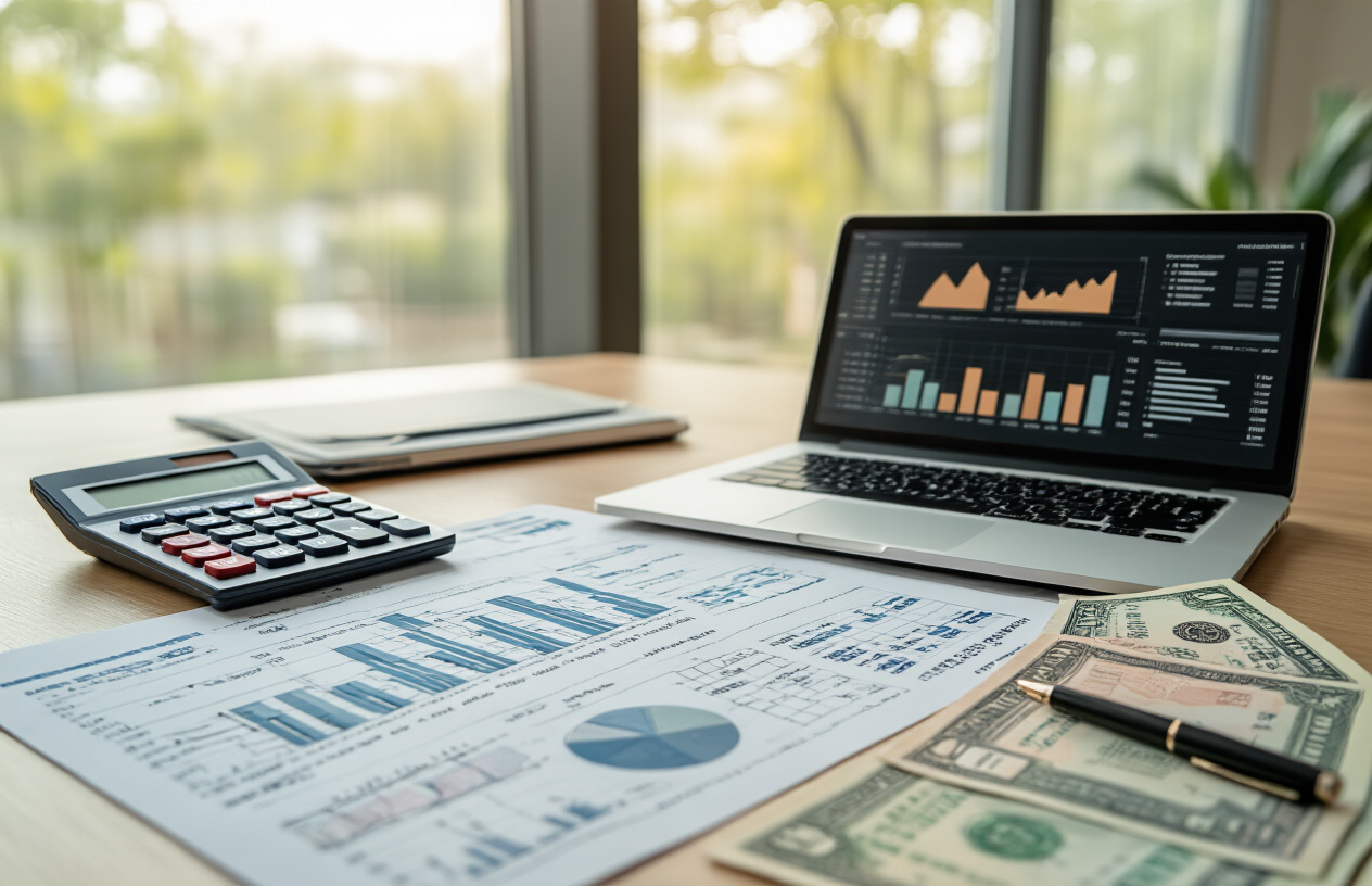 Create a realistic image of a modern office desk with multiple financial documents and spreadsheets laid out showing comparative data across different years, a calculator, pen, and laptop computer displaying charts and graphs, with Pakistani rupee currency notes partially visible, set in a bright professional office environment with natural lighting from a window, featuring warm colors and organized academic atmosphere. Absolutely NO text should be in the scene.
