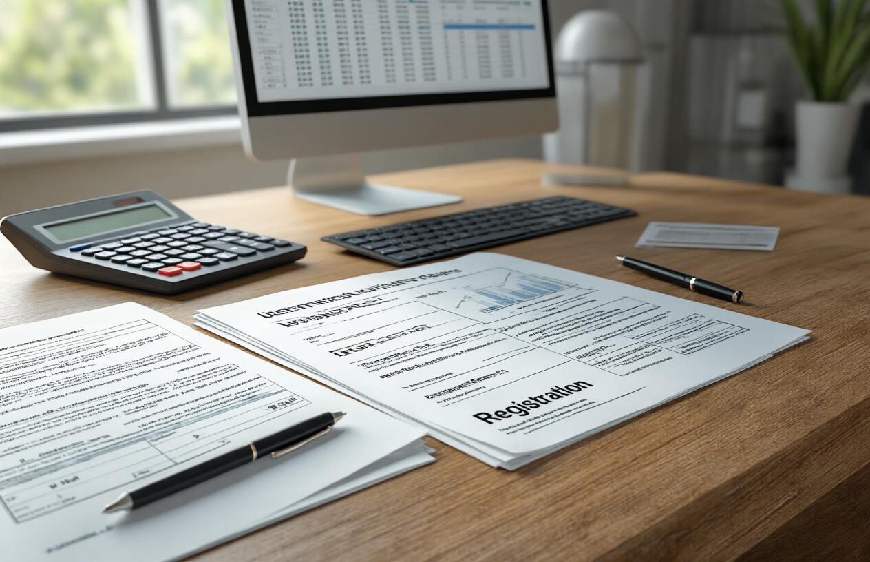 Create a realistic image of a modern university administrative office desk with organized paperwork, official fee structure documents, calculator, pen, and registration forms scattered professionally on a wooden desk surface, with a computer monitor displaying spreadsheet data in the background, soft natural lighting from a window, clean and organized academic administrative environment, absolutely NO text should be in the scene.