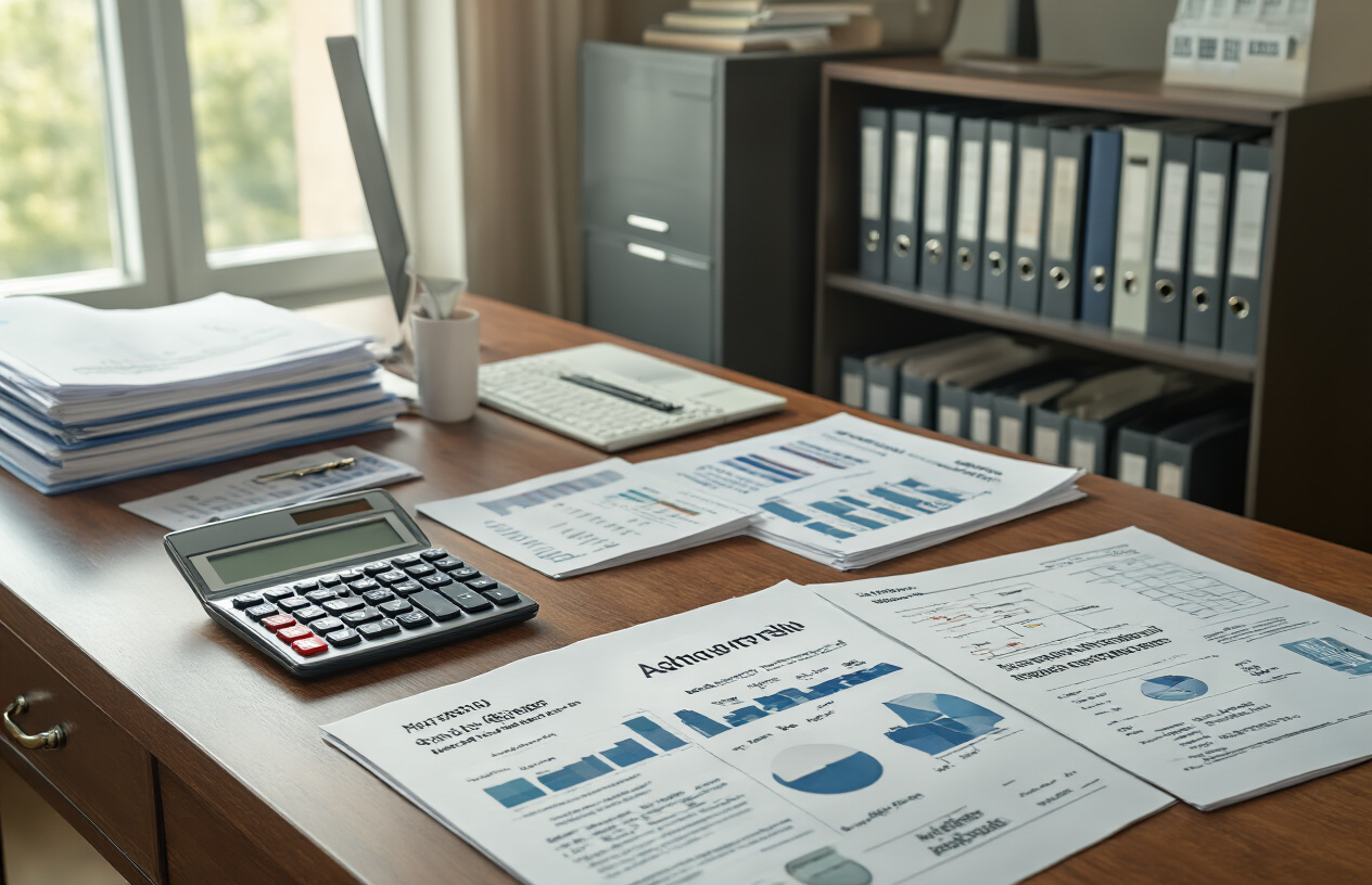 Create a realistic image of a modern university administrative office with organized financial documents, fee structure charts, and academic program brochures spread across a polished wooden desk, with a calculator, laptop computer, and official university folders containing tuition breakdown sheets, complemented by a professional filing cabinet in the background, soft natural lighting from a window, and a clean, organized academic atmosphere. Absolutely NO text should be in the scene.