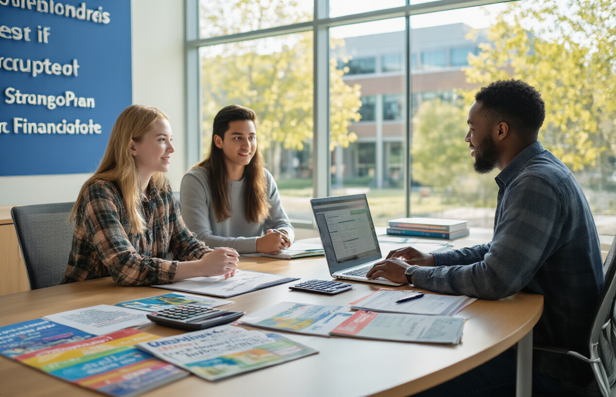 Create a realistic image of a modern university financial aid office with a diverse group of students - a white female student and a black male student - sitting across from a professional advisor at a sleek desk, with laptops open showing payment plan documents, colorful brochures about financial options spread across the table, calculator and pen nearby, bright natural lighting streaming through large windows, contemporary office furniture with university logos on the wall, conveying a supportive and professional atmosphere for discussing tuition payment flexibility, absolutely NO text should be in the scene.