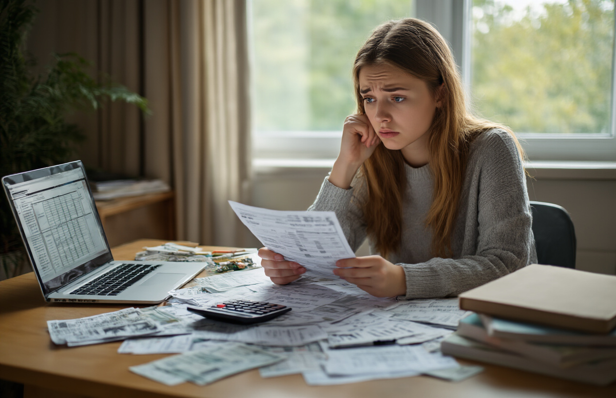 Create a realistic image of a young white female college student sitting at a wooden desk looking concerned while reviewing financial documents and receipts scattered around her, with a calculator, laptop showing spreadsheet data, textbooks, and various bills visible on the desk surface, in a dorm room setting with soft natural lighting from a window, conveying a mood of financial stress and budget planning, absolutely NO text should be in the scene.