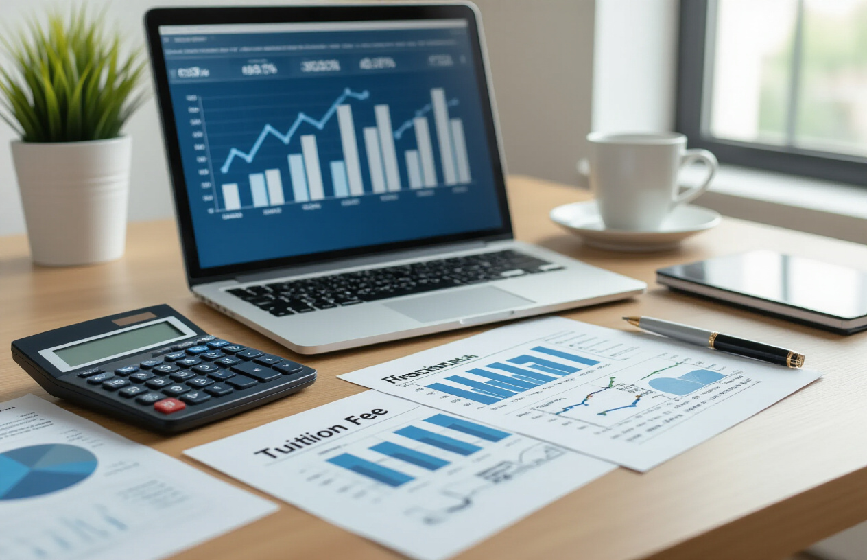 Create a realistic image of a modern office desk with financial documents and charts spread out, featuring comparative bar graphs and line charts showing tuition fee trends over multiple years, a calculator, pen, and laptop displaying spreadsheet data, set against a clean professional background with soft natural lighting from a window, conveying an analytical and organized atmosphere for academic fee analysis, absolutely NO text should be in the scene.