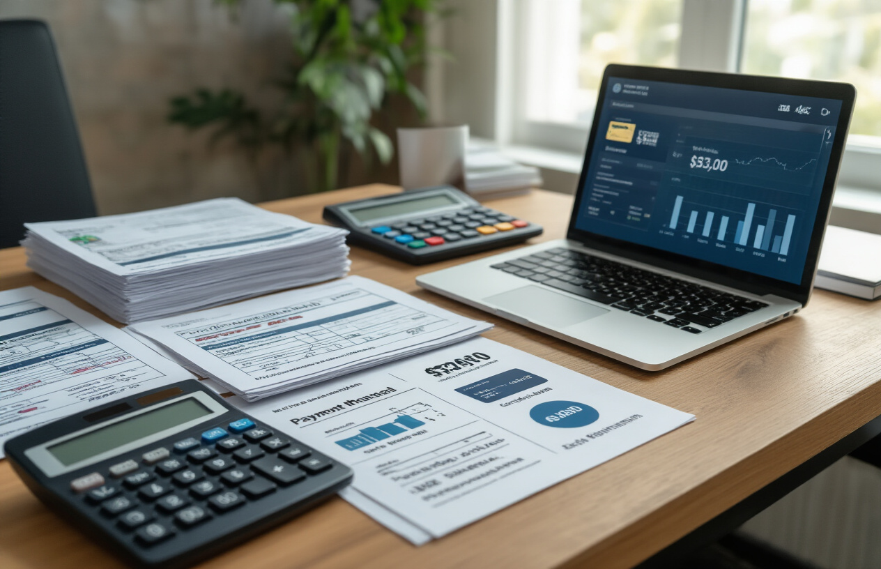 Create a realistic image of a modern office desk with financial documents, payment schedules, and calculator arranged neatly, featuring a laptop displaying a payment plan interface, several payment method icons like credit cards and bank transfer symbols visible on the screen, stack of organized paperwork with payment timeline charts, a calendar showing monthly installments, and a professional banking environment in the background with soft natural lighting from a window, absolutely NO text should be in the scene.