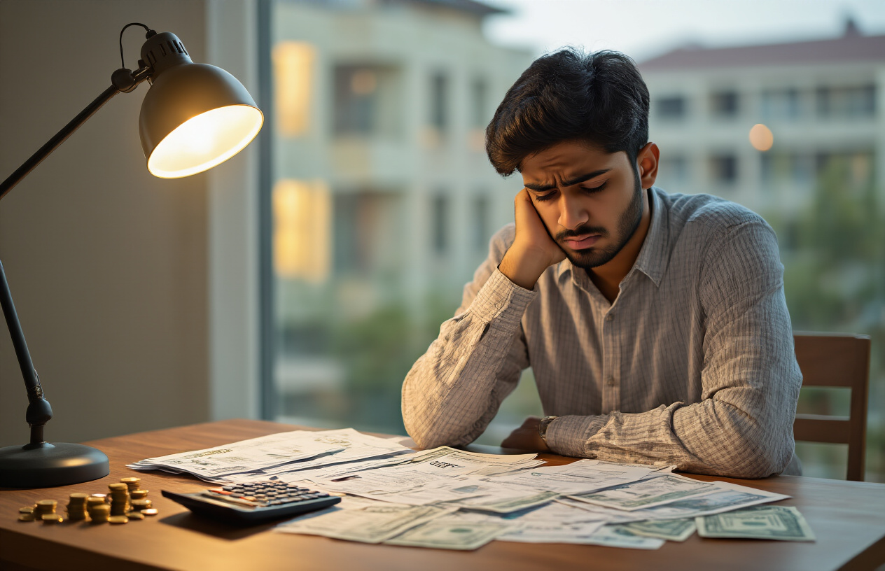Create a realistic image of a Pakistani male student sitting at a wooden desk looking concerned while reviewing multiple bills and documents spread out in front of him, with a calculator, coins, and banknotes visible on the desk surface, warm indoor lighting from a desk lamp illuminating the paperwork, university campus buildings blurred in the background through a window, creating a mood of financial stress and careful budgeting, absolutely NO text should be in the scene.