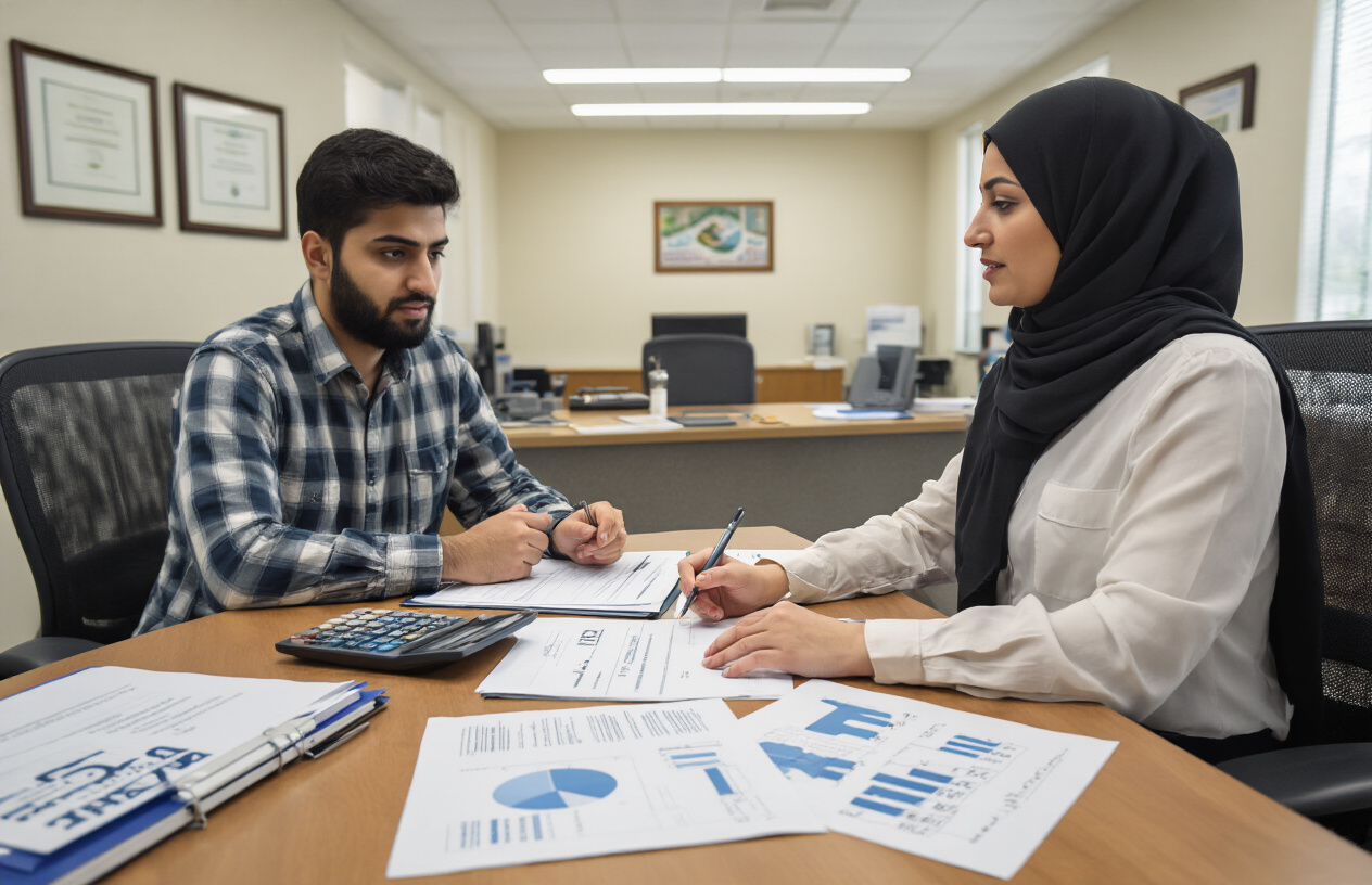 Create a realistic image of a modern university financial office scene with a Pakistani male student sitting at a desk across from a female university administrator discussing payment plans, with official documents, a calculator, and payment schedule charts spread on the desk, bright office lighting, professional academic environment with university diploma frames on the wall in the background, absolutely NO text should be in the scene.