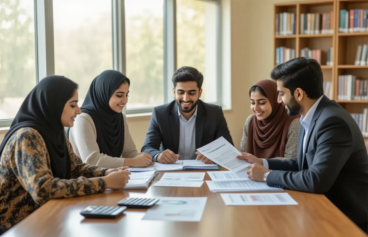 Create a realistic image of a diverse group of Pakistani university students sitting around a wooden table in a bright university counseling office, with a South Asian male counselor in formal attire showing financial documents and scholarship papers to a young Pakistani female student wearing a hijab, while other students of mixed genders look on hopefully, with university brochures, calculator, and official documents spread on the table, warm natural lighting from large windows, modern office setting with bookshelves in background, absolutely NO text should be in the scene.