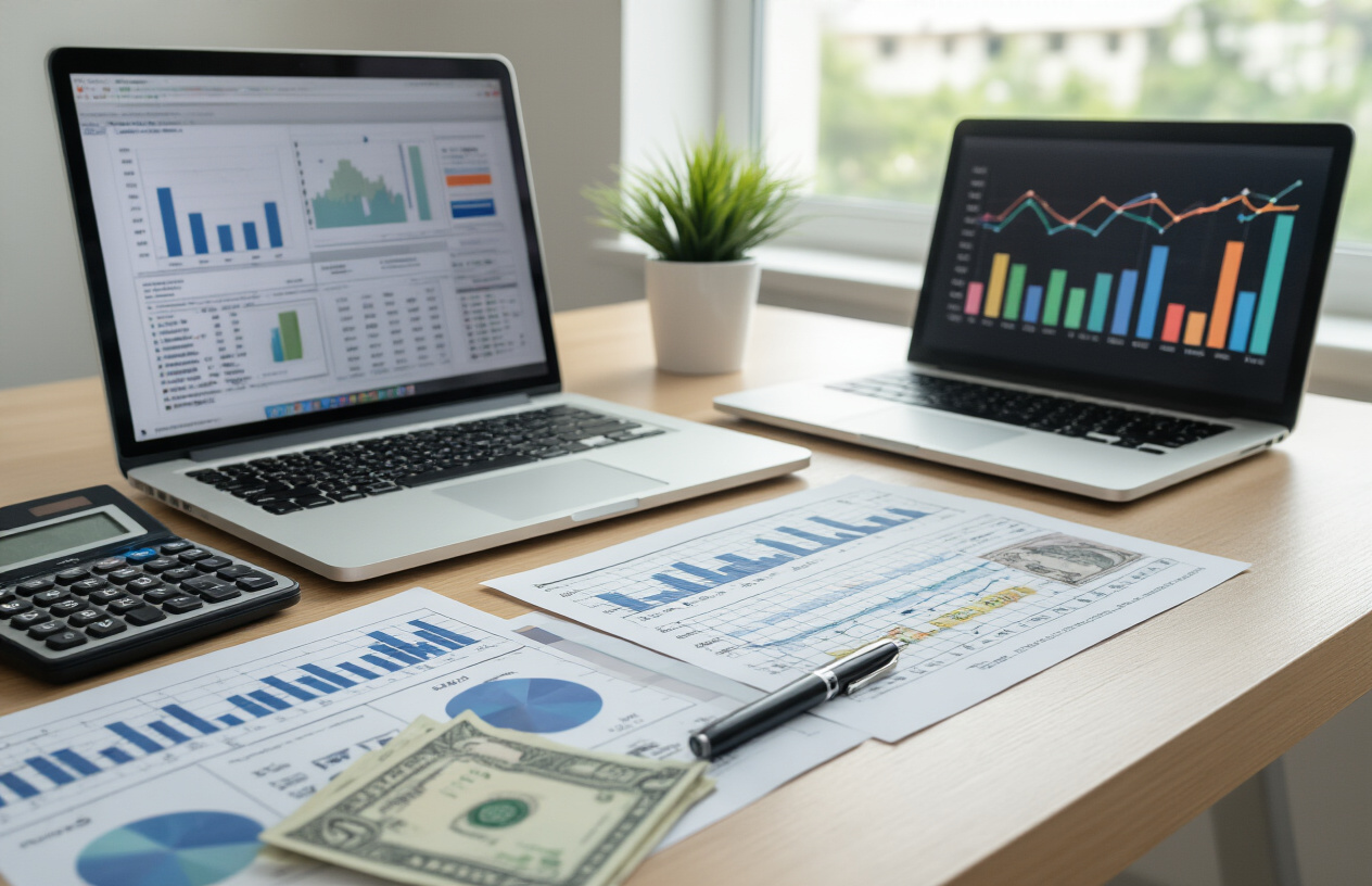 Create a realistic image of a clean, modern office desk with multiple spreadsheet documents and charts laid out showing financial data comparison, a calculator, a pen, and some Pakistani rupee currency notes, with a laptop computer displaying colorful bar graphs and line charts representing fee trends over different years, set against a neutral office background with soft natural lighting from a window, absolutely NO text should be in the scene.