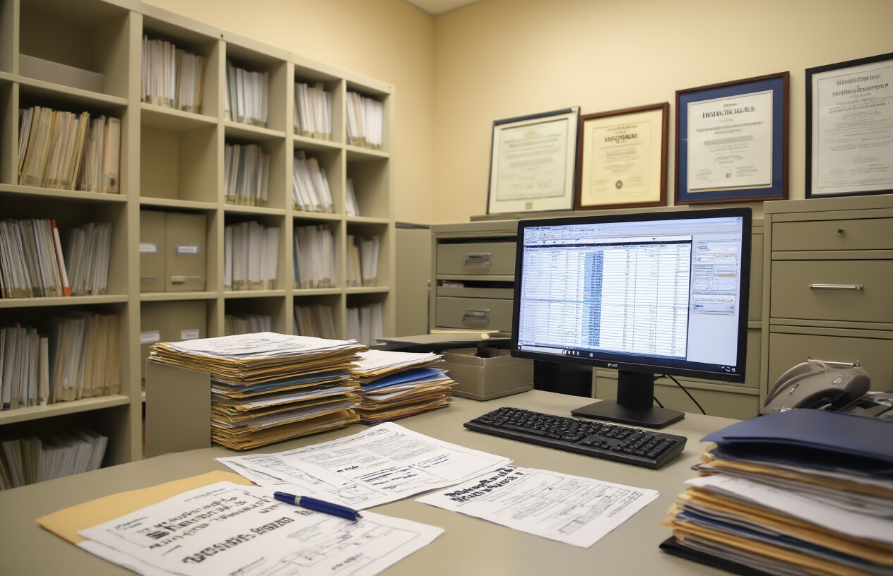 Create a realistic image of a modern university administrative office with organized filing cabinets and folders labeled with different academic department names, a clean desk with scattered official fee documents and calculation sheets, a computer screen displaying spreadsheet data, and educational certificates on the wall, with warm professional lighting and a formal academic atmosphere, absolutely NO text should be in the scene.